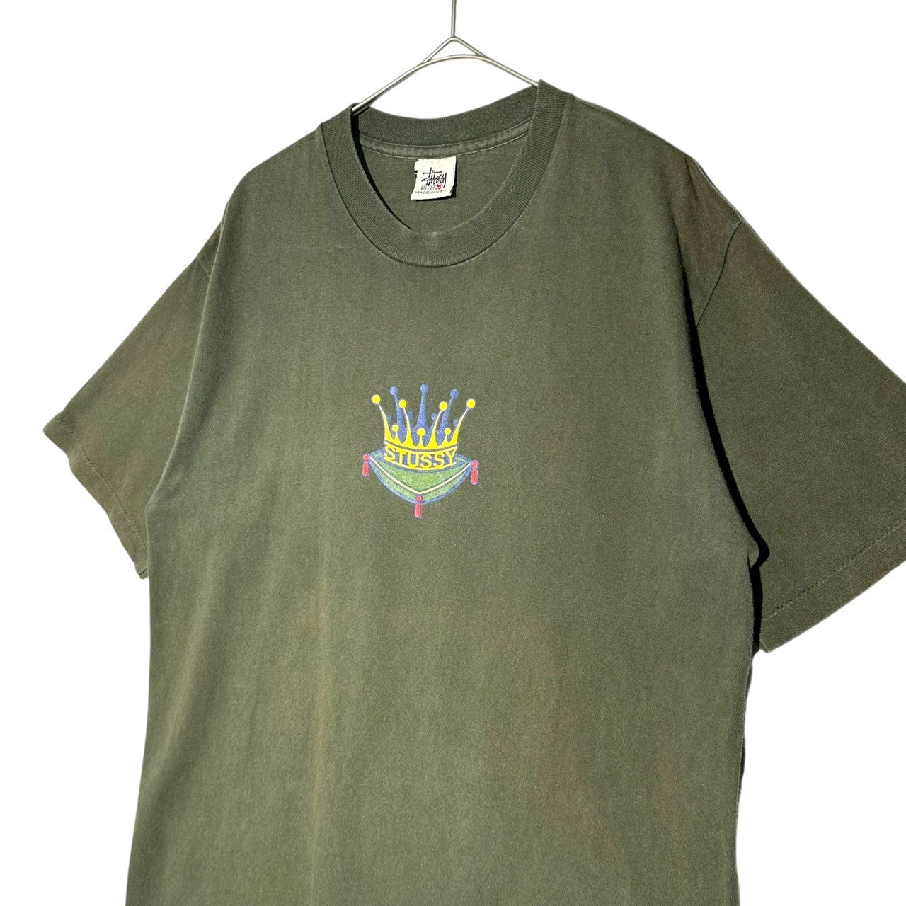 STUSSY(ステューシー) 90's White Tag Crown Logo Crew Neck T-Shirt 90年代 白タグ クラウン ロゴ クルーネック Tシャツ M カーキ