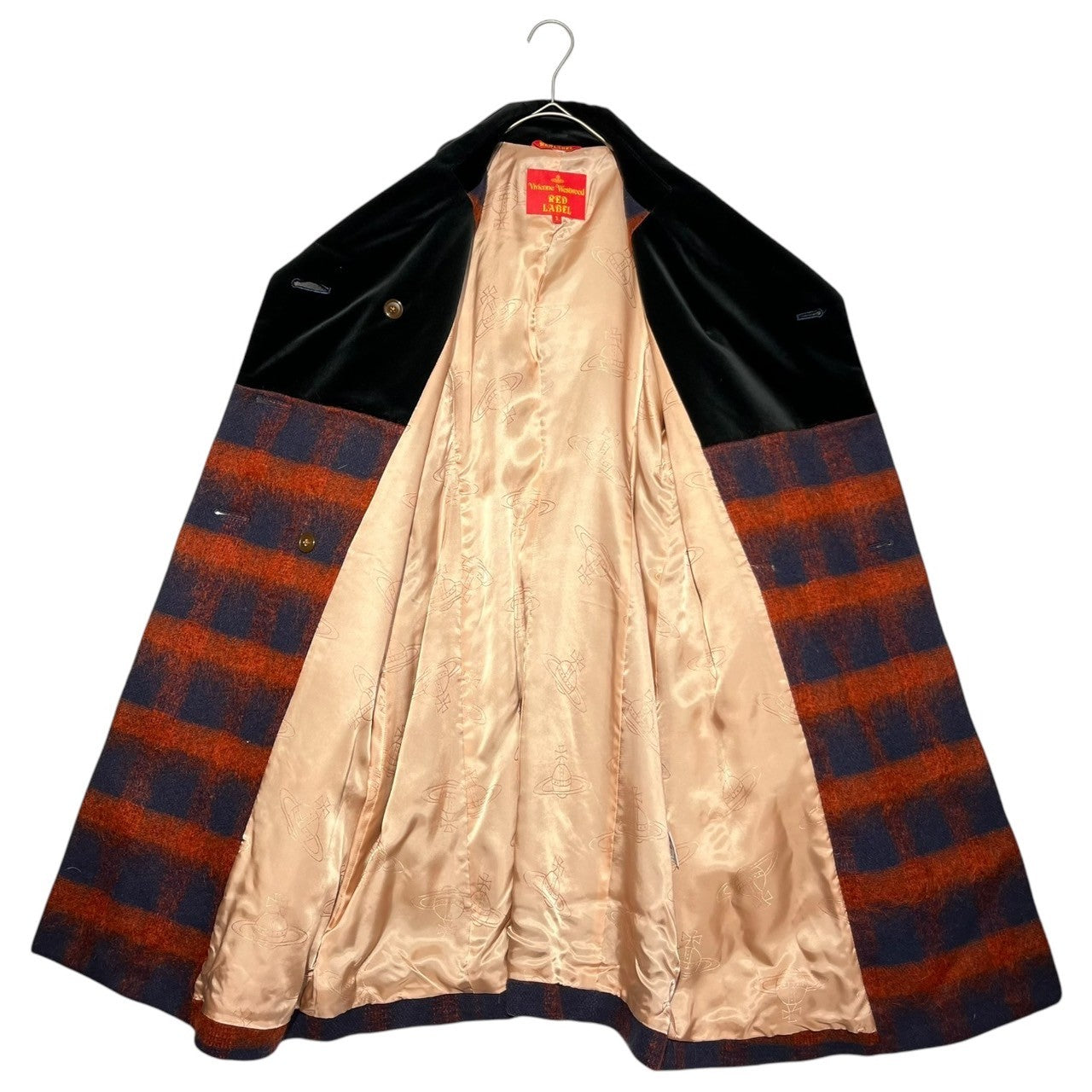 Vivienne Westwood RED LABEL(ヴィヴィアンウエストウッドレッドレーベル) 00's Velor collar shaggy wool orb button check coat 襟 ベロア シャギー ウール オーブボタン チェック コート モヘア調 357-01-67513 3(L) レッド×ネイビー オリゾンティタグ
