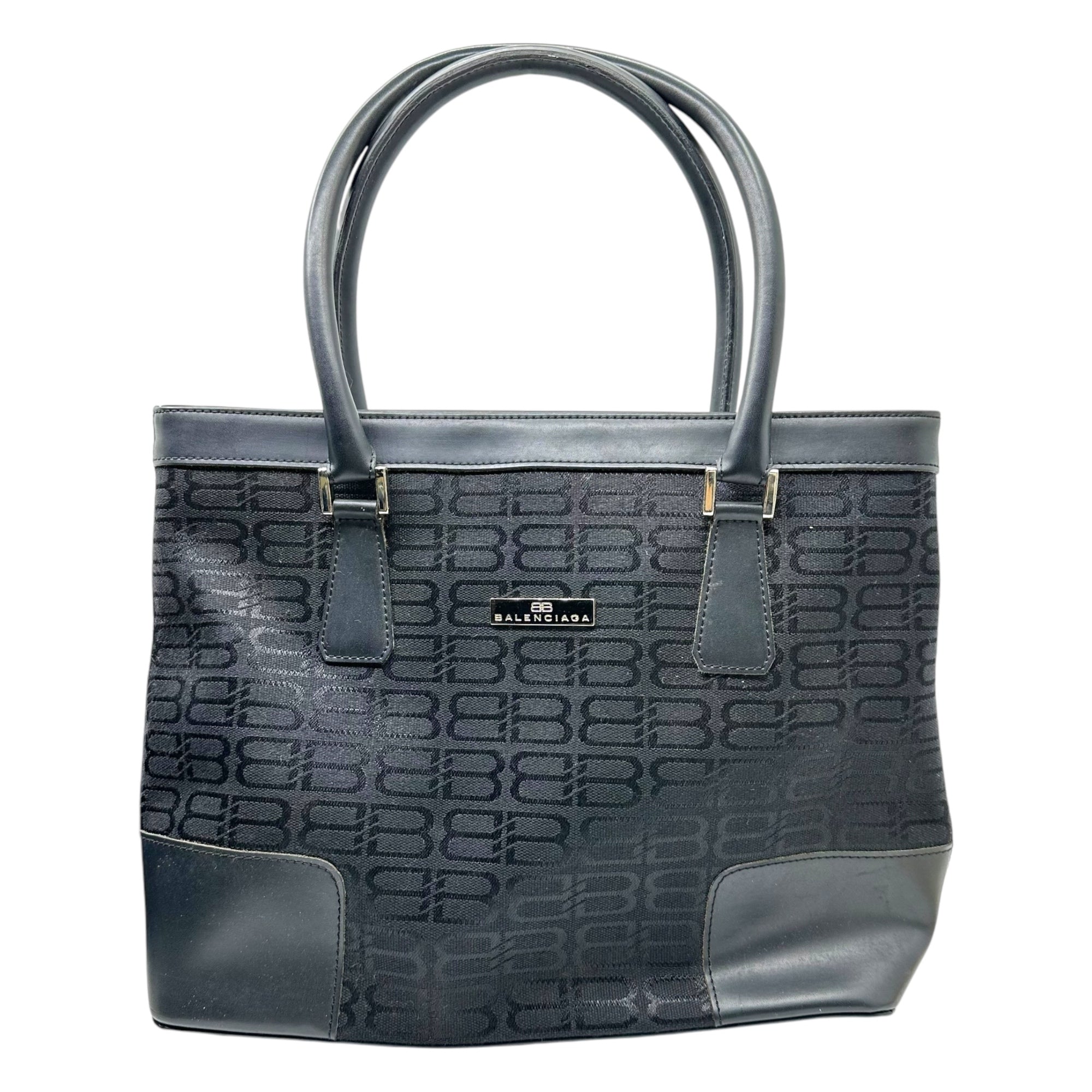 BALENCIAGA(バレンシアガ) Monogram canvas leather tote bag モノグラム キャンバス レザー 切替 トート バッグ ブラック ハンド 肩掛け