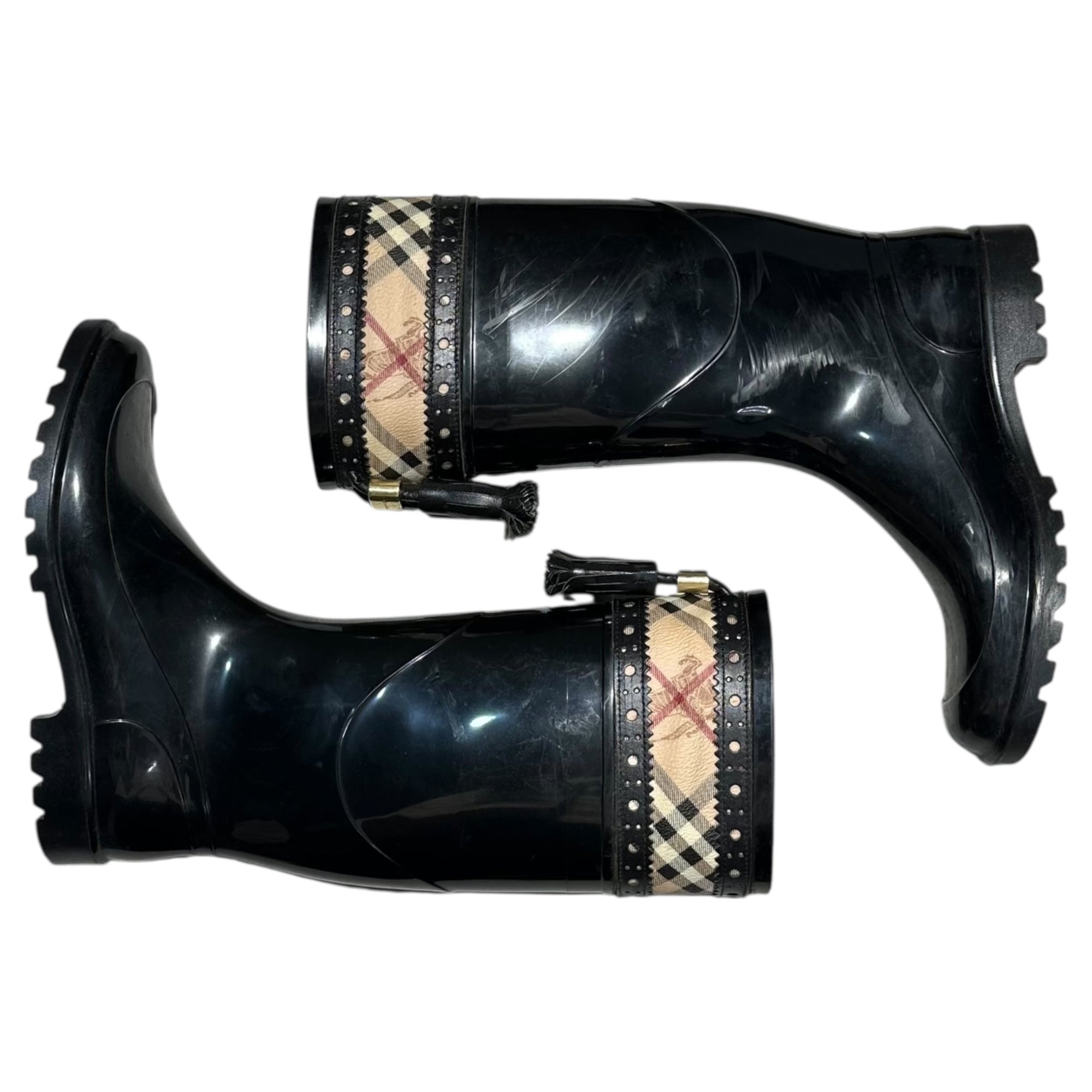 BURBERRY(バーバリー) Nova Check Switch Tassel Rain Boots ノヴァ チェック 切替 タッセル レインブーツ 37(23.5cm) ブラック×ベージュ