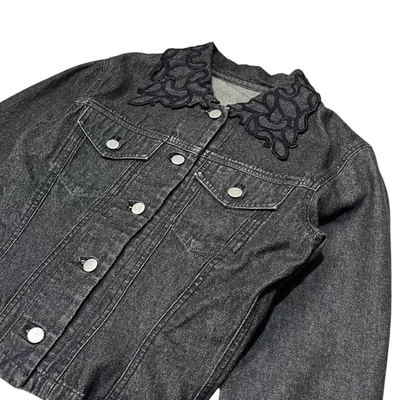 i.s. ISSEY MIYAKE(アイエス イッセイミヤケ) 90's Lace collar short denim jacket レース カラー ショート丈 デニム ジャケット IS23-FC001 M ブラック アーカイブ 90年代