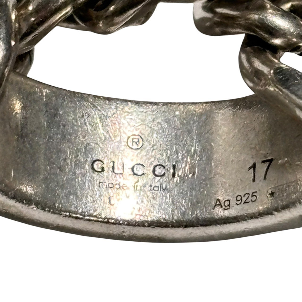 GUCCI(グッチ) 925 logo plated golmet chain ring 925 ロゴ プレート ゴルメット チェーン リング 678711 17号 シルバー 箱付