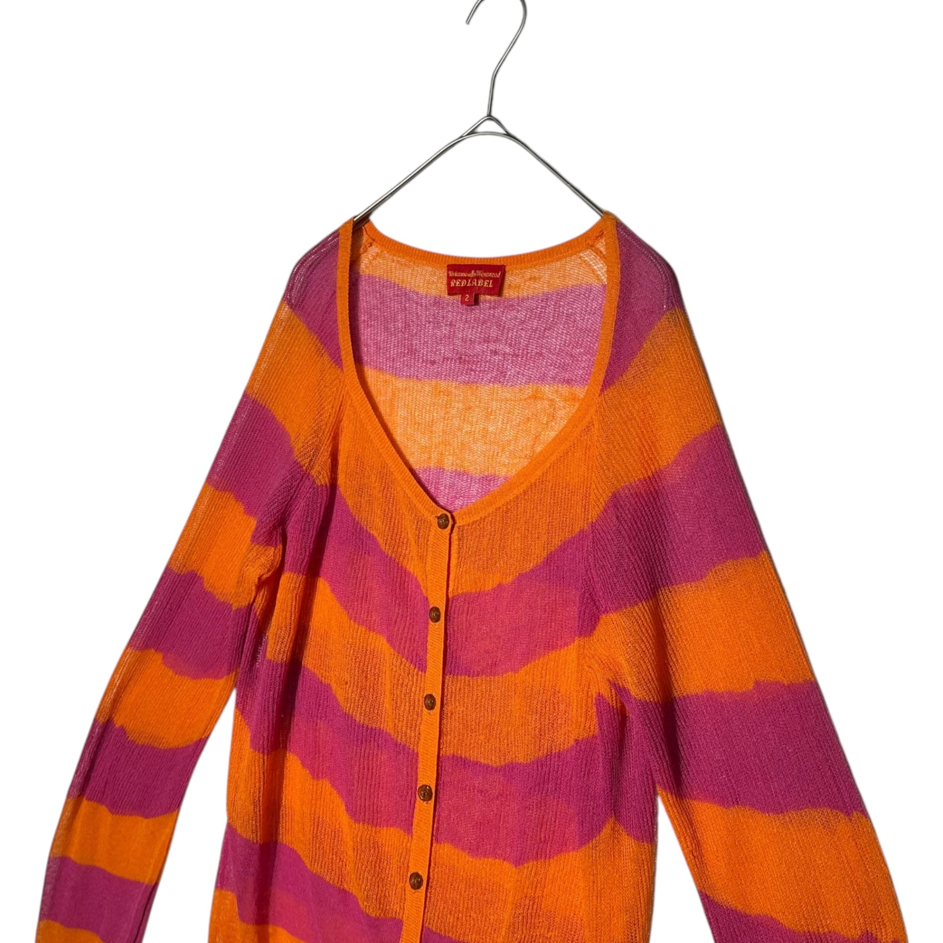 Vivienne Westwood RED LABEL(ヴィヴィアンウエストウッドレッドレーベル) 00's Orb Logo Embroidered Striped Knit Cardigan オーブロゴ 刺繍 ボーダー ニット カーディガン 357-01-14062 2 ピンク×オレンジ Y2K 薄手 メッシュ