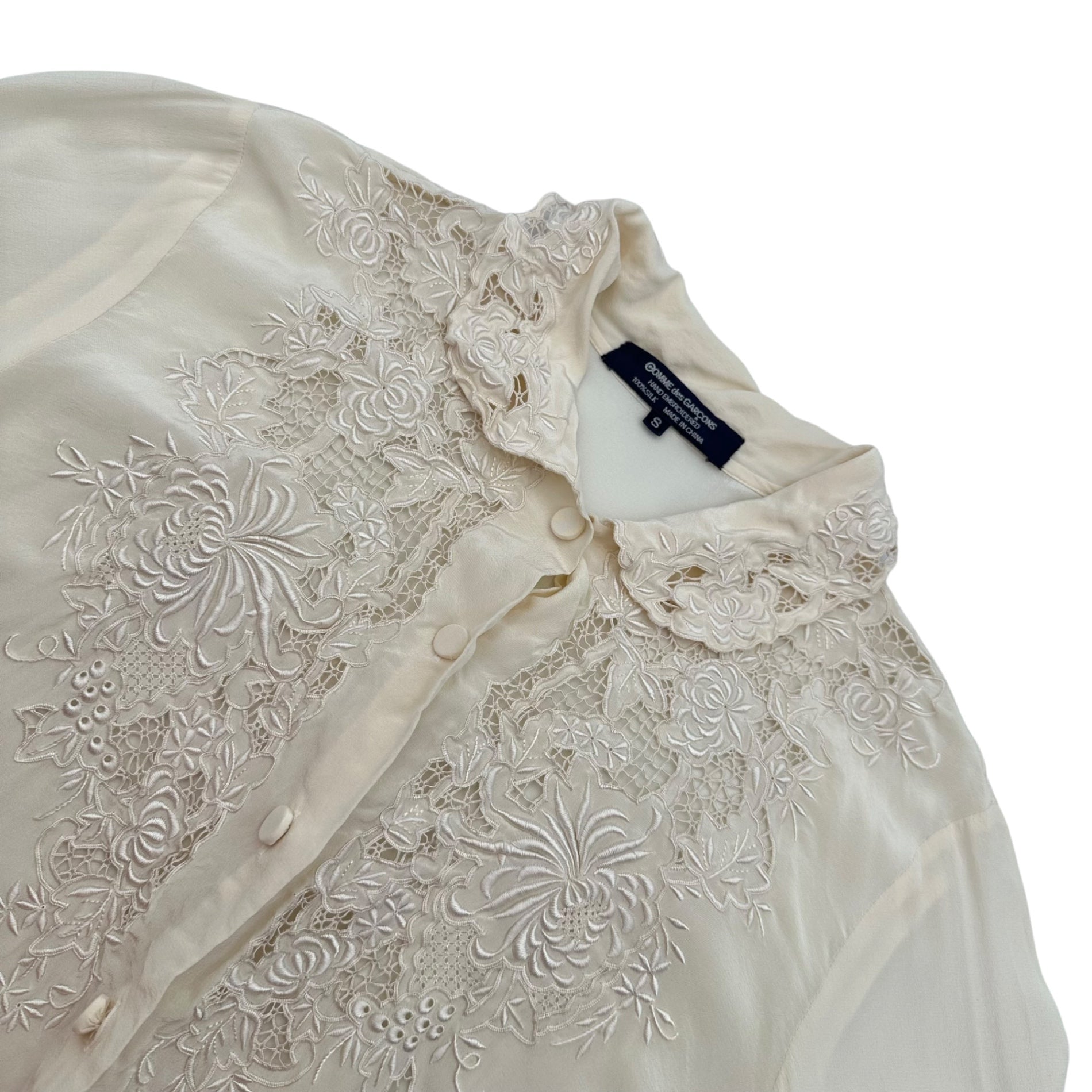 COMME des GARCONS(コムデギャルソン) 1980's Aoyama Exclusive Cutwork Lace Silk Shirt/Blouse 青山限定 カットワーク レース シルク シャツ ブラウス KB-91003 S アイボリー AD表記無 80s アーカイブ 80年代 稀少
