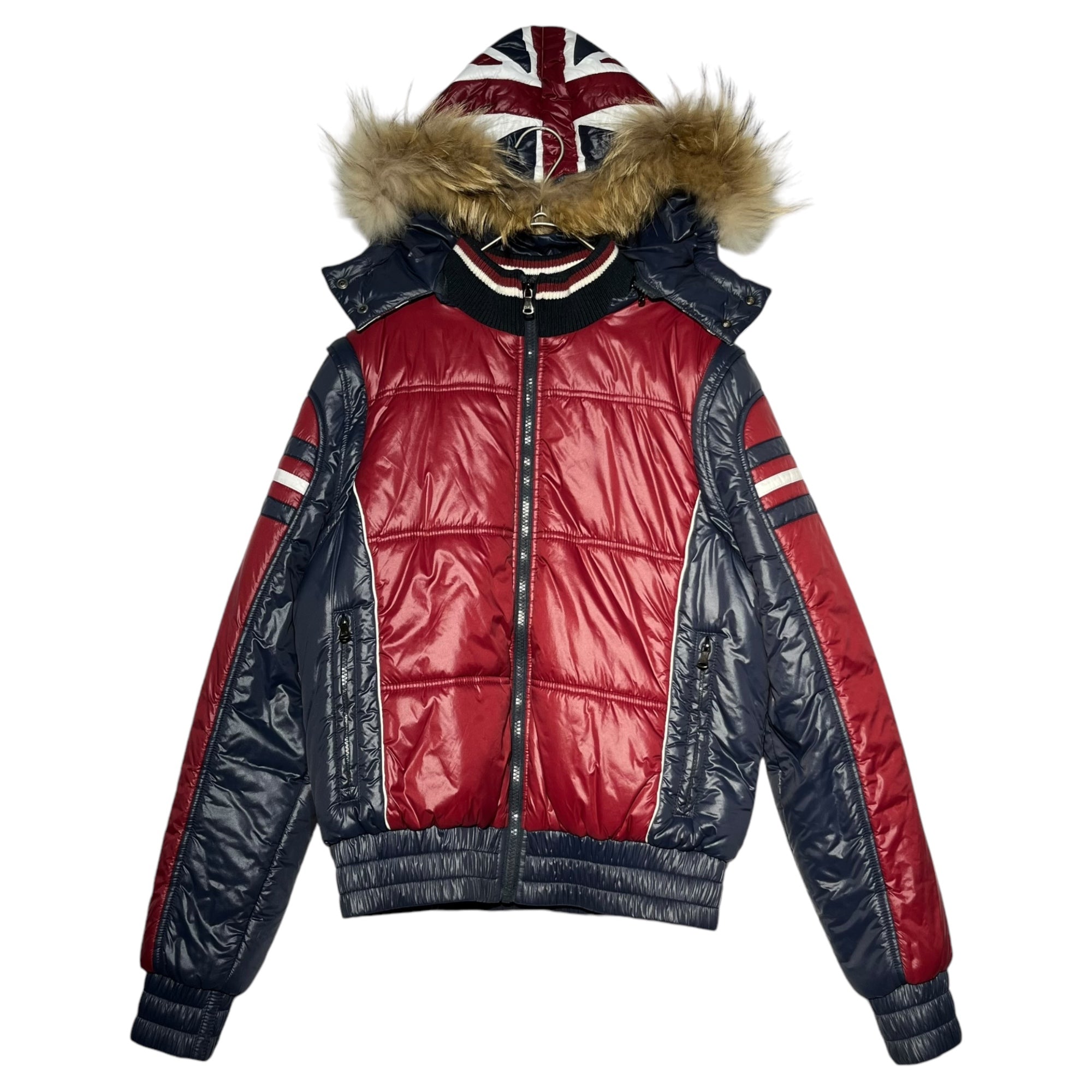 DOLCE&GABBANA(ドルチェ&ガッバーナドルガバ) 00's Union Jack Hoodie Fur Paddet Jacket ユニオンジャック フーディー ファー 中綿 ジャケット 46(M程度) レッド×ネイビー