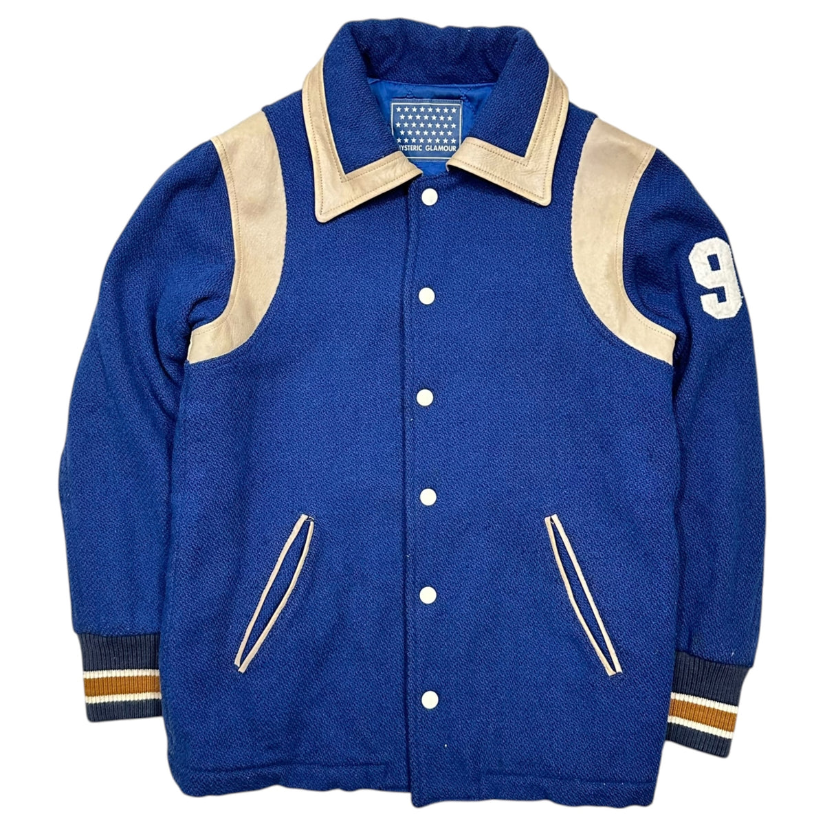 HYSTERIC GLAMOUR(ヒステリックグラマー) 1990's Leather-trimmed varsity jacket レザー 切替 スタジャン 2AB-3280 FREE ブルー×ベージュ 90年代 バーシティー ジャケット