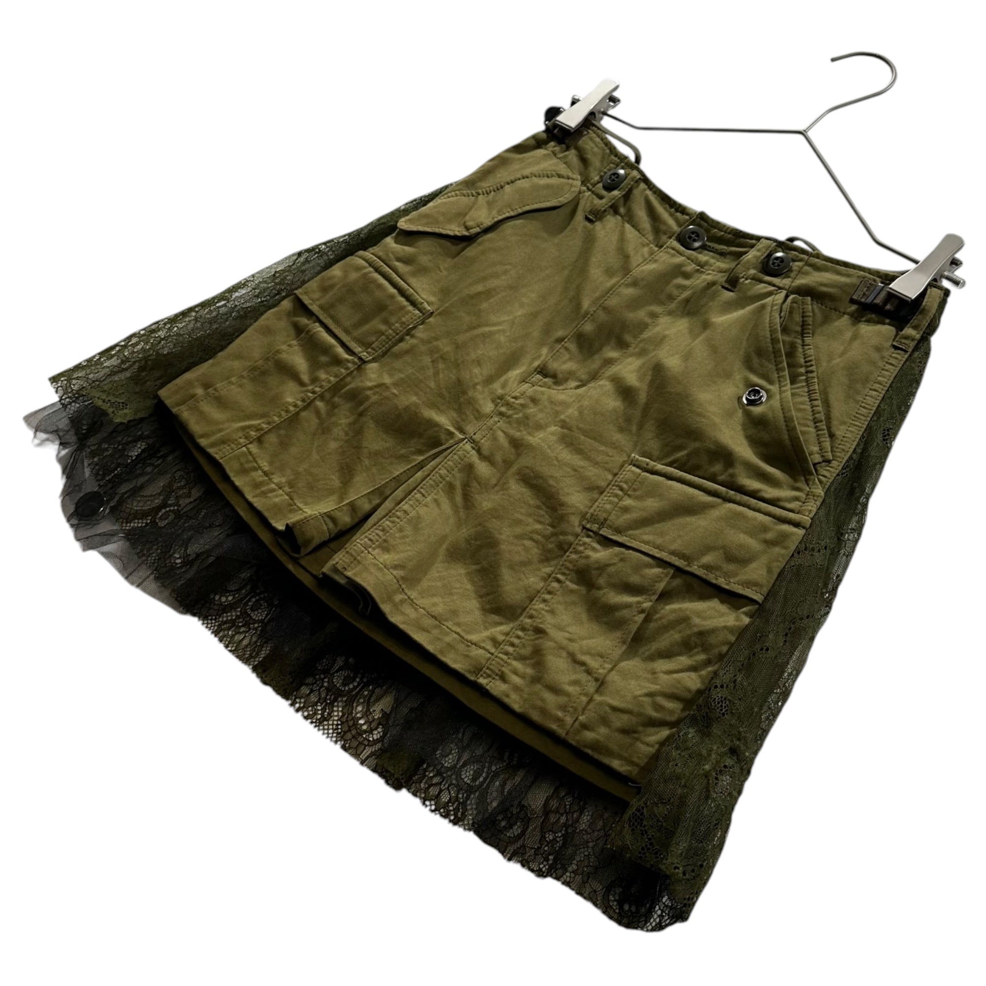 MIHARA YASUHIRO(ミハラヤスヒロ) Military-Style Reconstructed Lace-Accent Shorts-Style Skirt ミリタリー 再構築 レース切替 ショートパンツライク スカート 72272286 36(S) セージグリーン