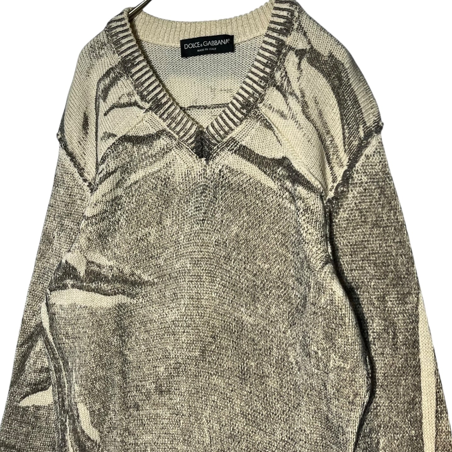 DOLCE&GABBANA(ドルチェ&ガッバーナドルガバ) 00's Painted V-neck cotton knit ペンキ加工 Vネック コットン ニット プルオーバー ZK205 0RS2 46(M程度) アイボリー×ブラック Y2K