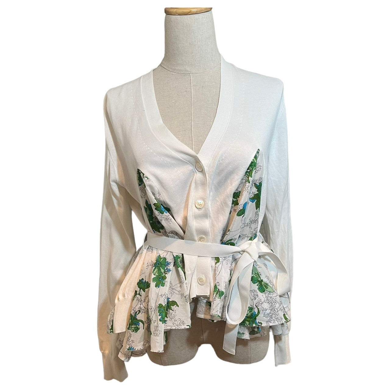 sacai(サカイ) 14SS 異素材 ドッキング フラワー パターン フレア ショート丈 カーディガン チュニック 花柄 14-02004 2(M程度) ホワイト×グリーン