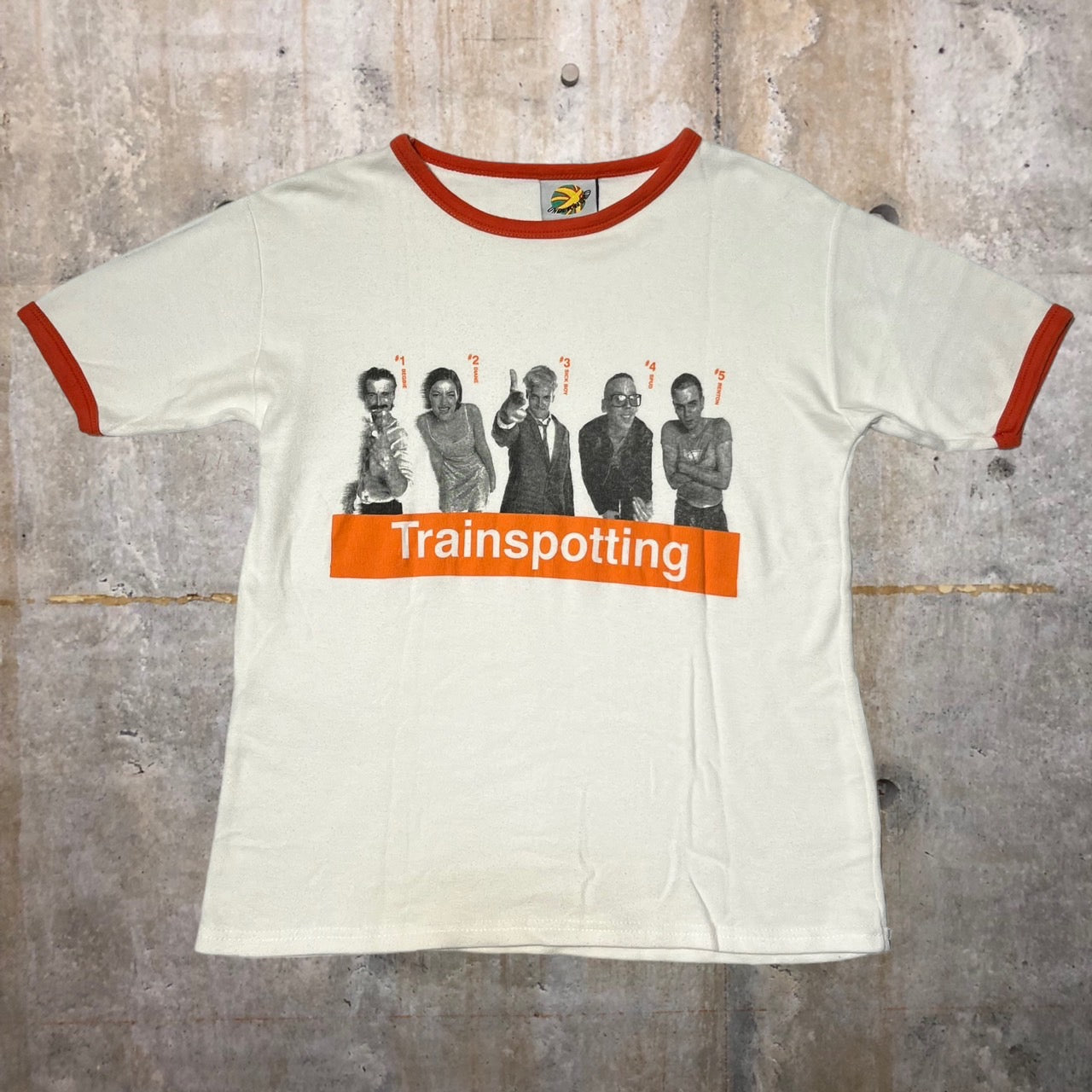 UNDERWORLD(アンダーワールド) 90's trainspotting TEE/リンガーTシャツ/トレインスポッティング/ムービーTシャツ  表記無し(Sサイズ程度) ホワイト×オレンジ 当時物　1996年 Underworld Born Slippy　映画