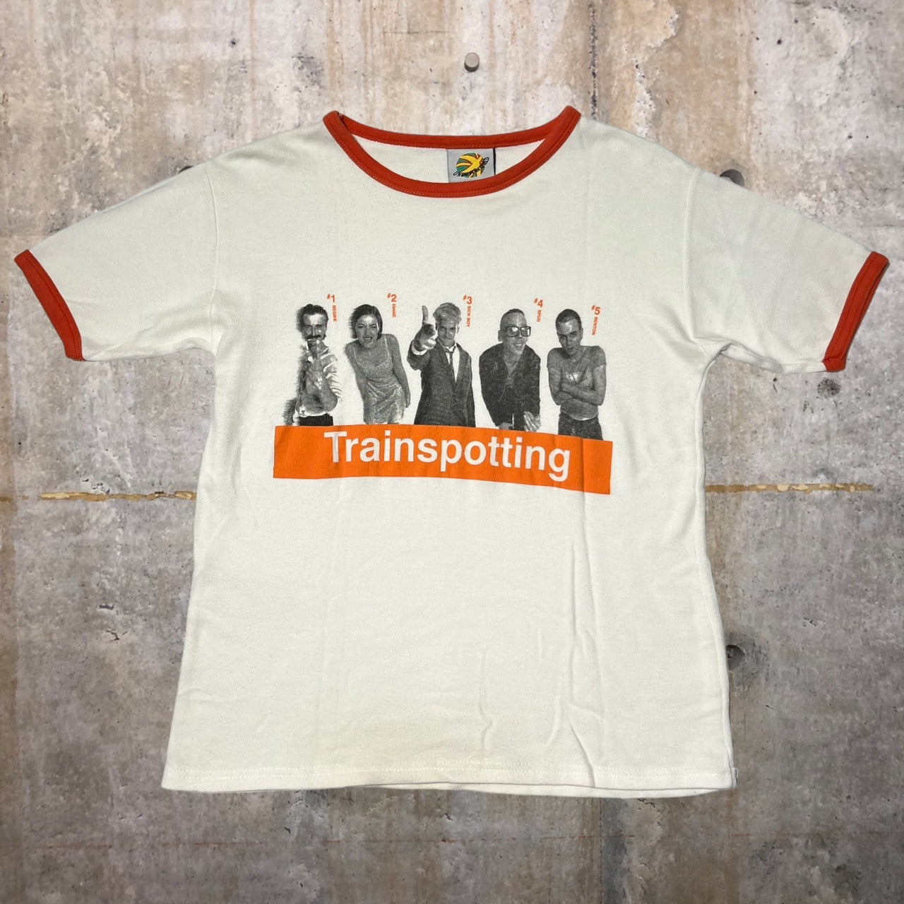 UNDERWORLD(アンダーワールド) 90's trainspotting TEE/リンガーTシャツ/トレインスポッティング/ムービーTシャツ 表記無し(Sサイズ程度) ホワイト×オレンジ 当時物 1996年 Underworld Born Slippy 映画