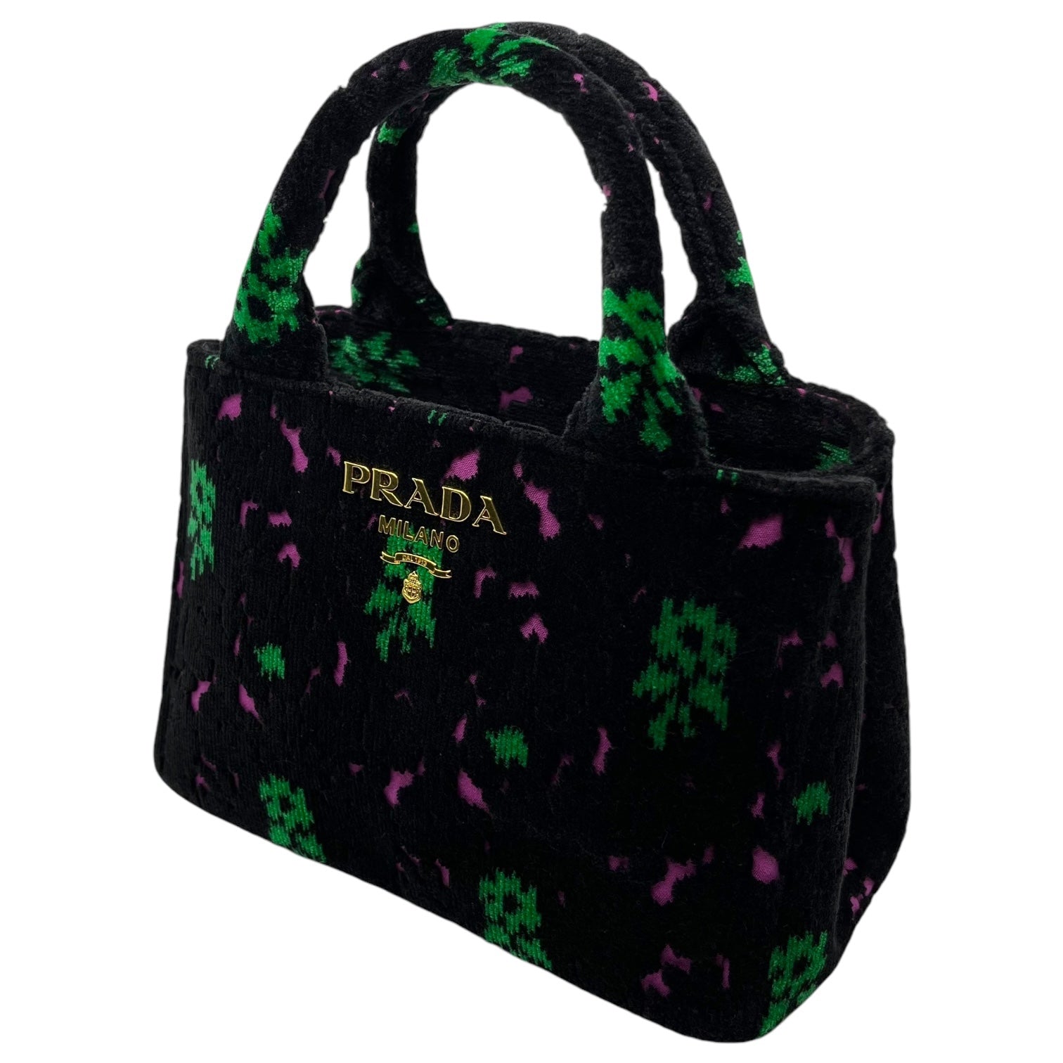 PRADA(プラダ) カナパトート ベロア 2WAY ショルダーバッグ 花柄 トートバッグ ベルベット 1BA038 ブラック×グリーン×ピンク