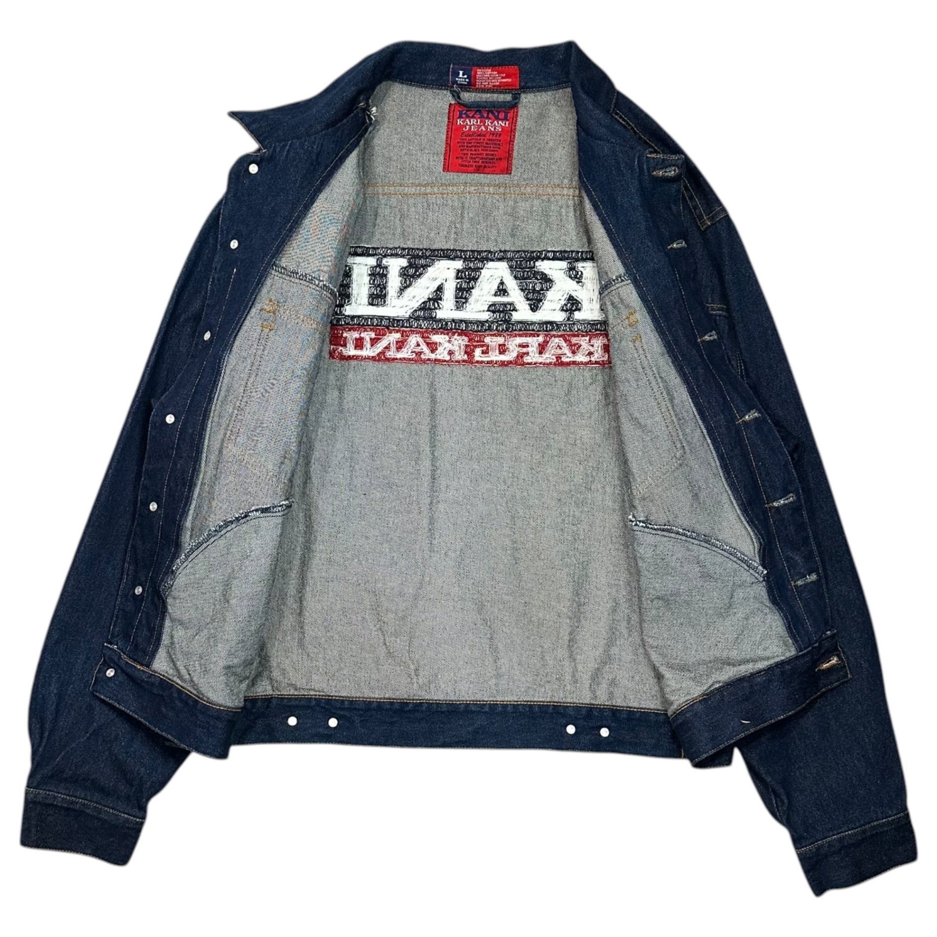 Karl Kani(カールカナイ) 90's Logo 2nd TYPE Denim Tracker Jacket ロゴ 刺繍 デニム トラッカー ジャケット L インディゴ 90年代 ヴィンテージ B系