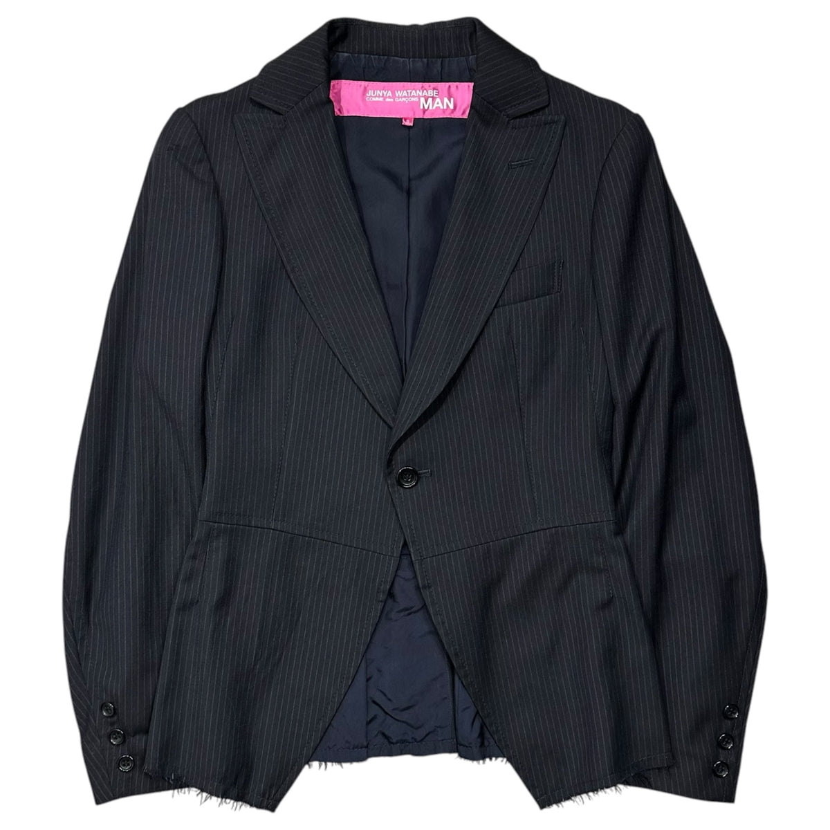 COMME des GARCONS JUNYA WATANABE MAN PINK(コムデギャルソンジュンヤワタナベマンピンク) 2005AW Ragged-Edge Stripe Skirt Set カットオフ加工 ストライプ スカート セットアップ JKT:UP-J001 BOTTOMS:UP-S006 JKT:S BOTTOMS:M ネイビー AD2005