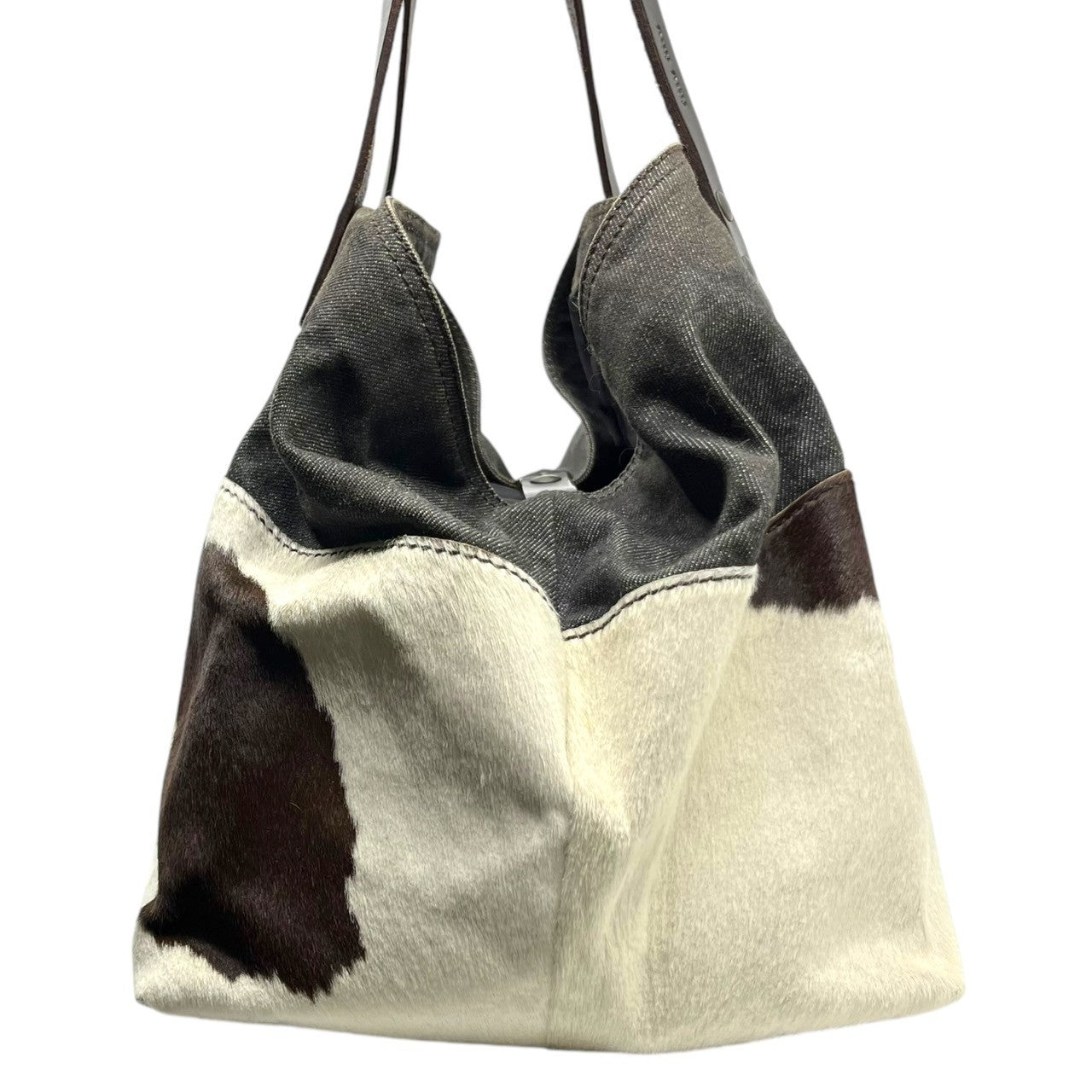 miumiu(ミュウミュウ) 00's Haraco leather denim switching tote bag ハラコ レザー デニム 切替 トート バッグ ホワイト×ブラウン Y2K ハンド ワンショルダー