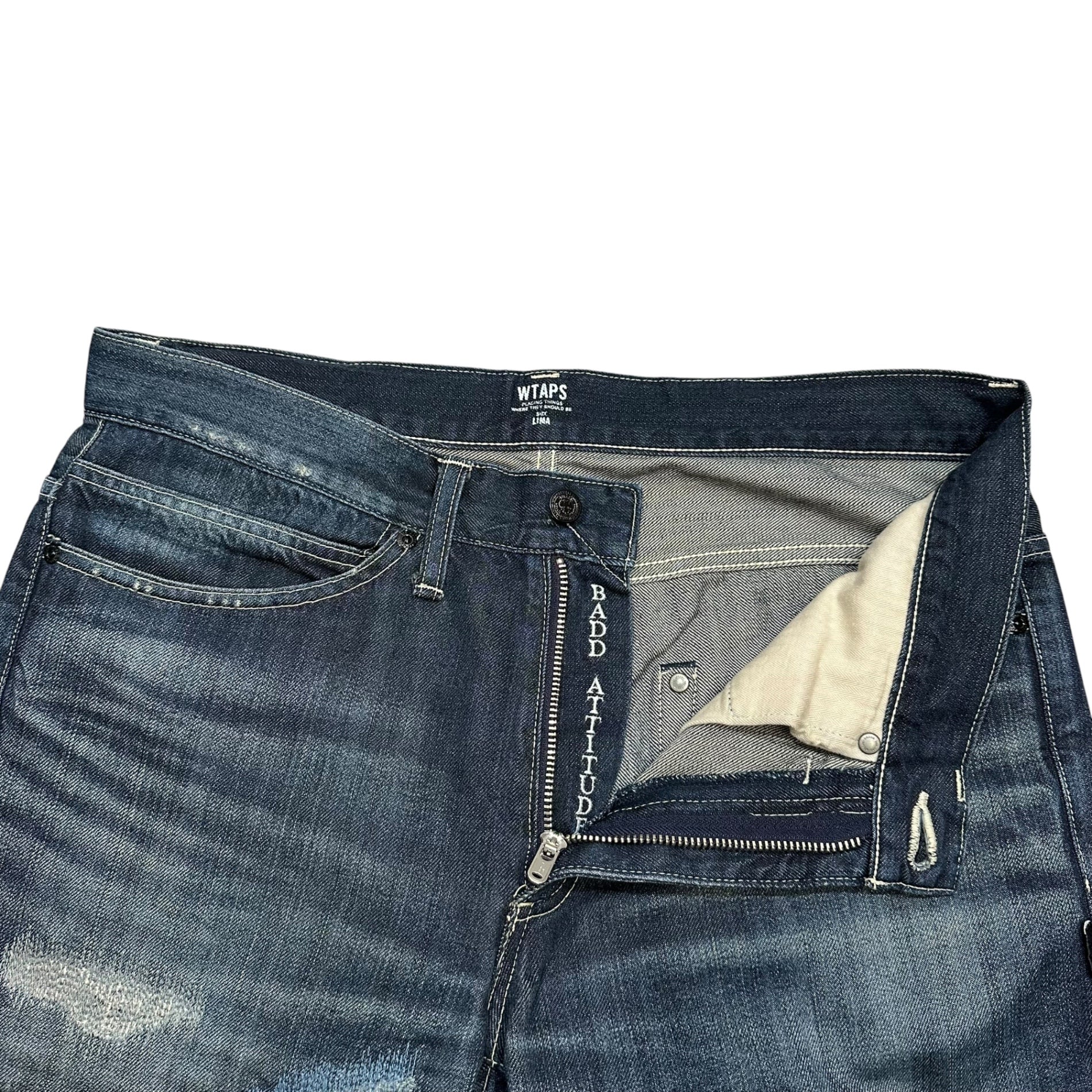 WTAPS(ダブルタップス) 11SS BLUES SKINNY TROUSERS COTTON DENIM TRASH ブルース スキニー パンツ コットン デニム トラッシュ 111GWDT-PTM05 L インディゴ ダメージ リペア加工