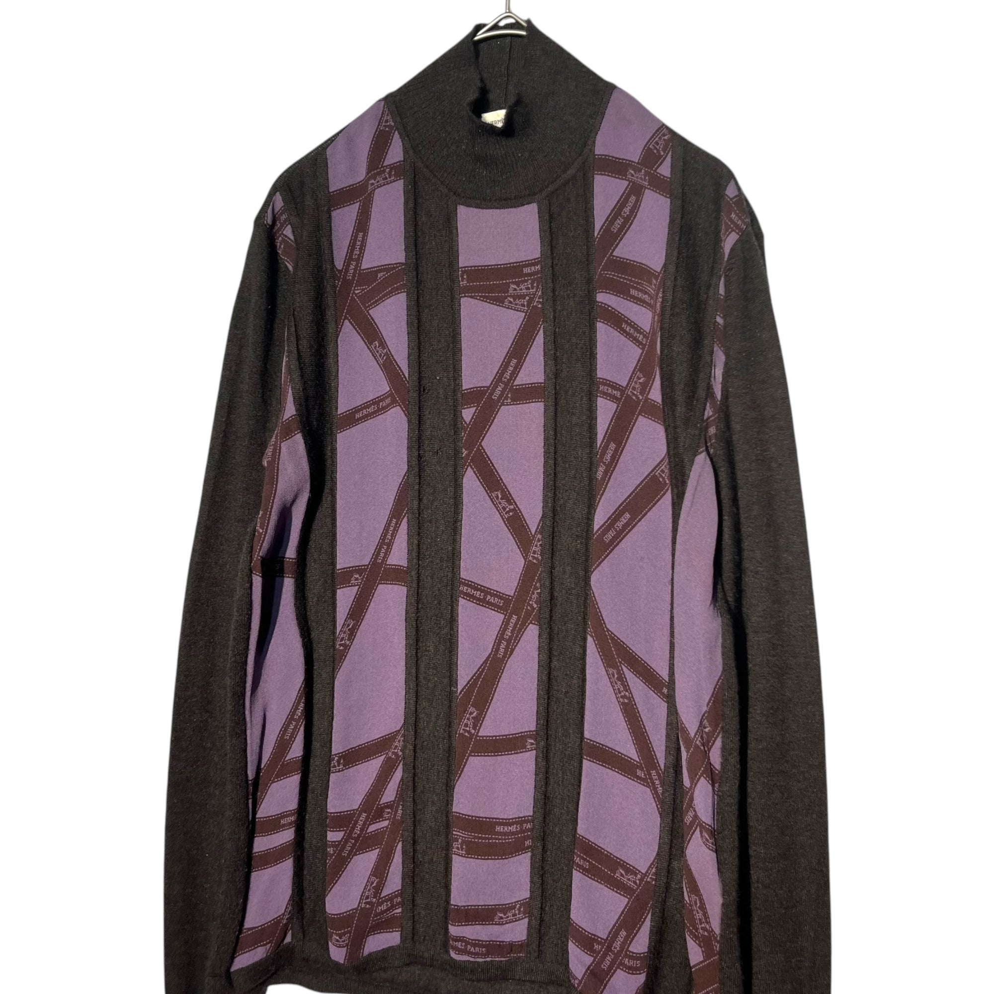 HERMES(エルメス) BY GAULTIER Ribbon tape silk scarf cashmere knit リボンテープ シルク スカーフ 切替 カシミア ニット SM ブラウン×パープル ゴルチエ期