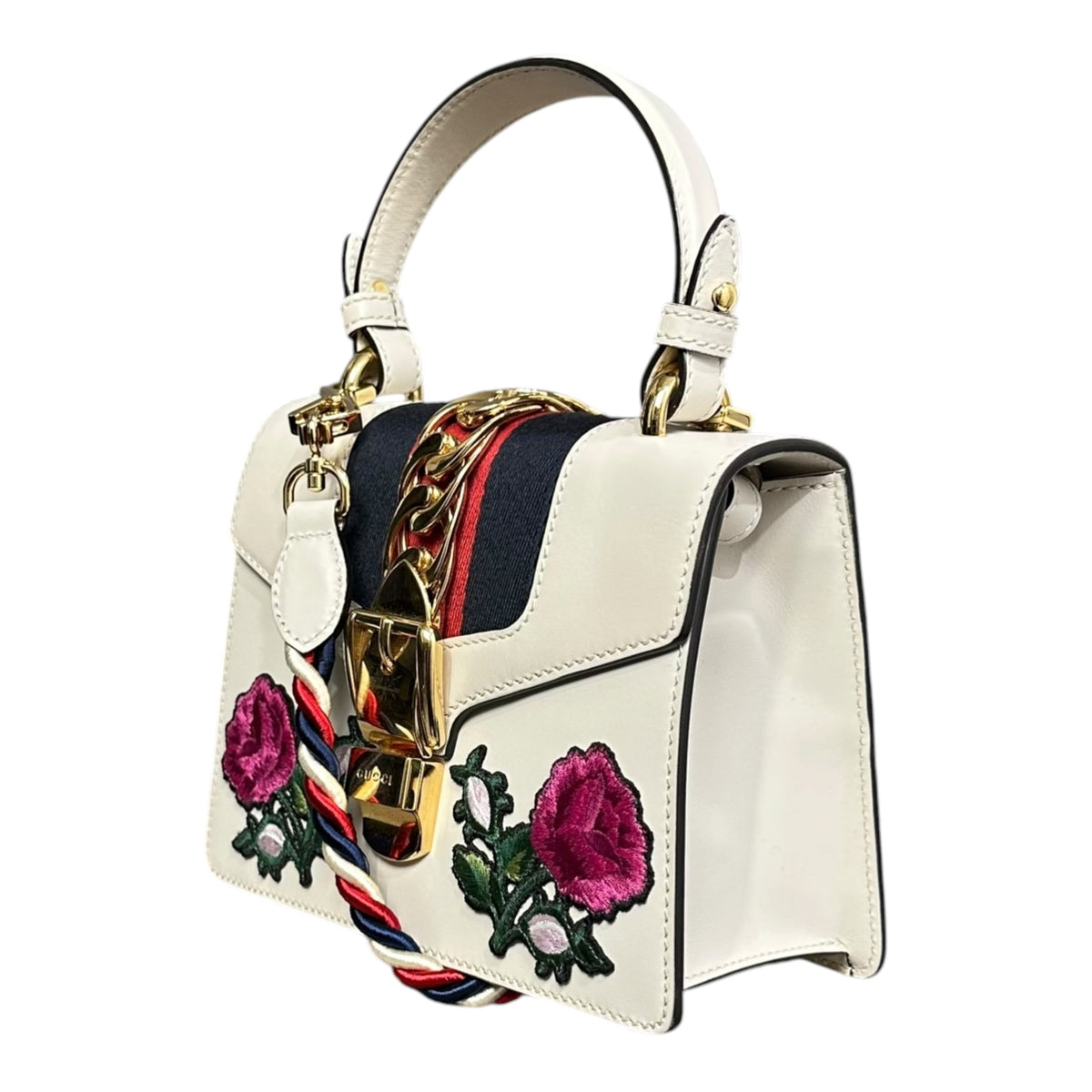 GUCCI(グッチ) Sylvie-Web Rose-Embroidered Shoulder Bag シルヴィ ウェブ 薔薇 刺繍 ショルダー バッグ 470270 525040 オフホワイト×ピンク