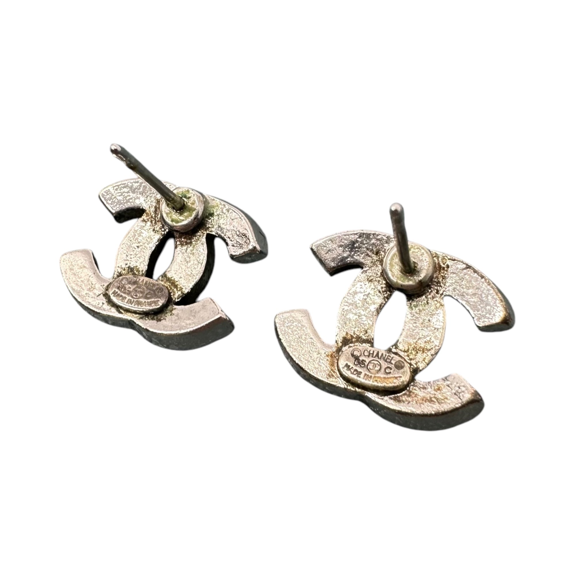 CHANEL(シャネル) Rhinestone Coco Mark Pierced Earrings ライン ストーン ココマーク ピアス 両耳 シルバー×ホワイト 06C 刻印