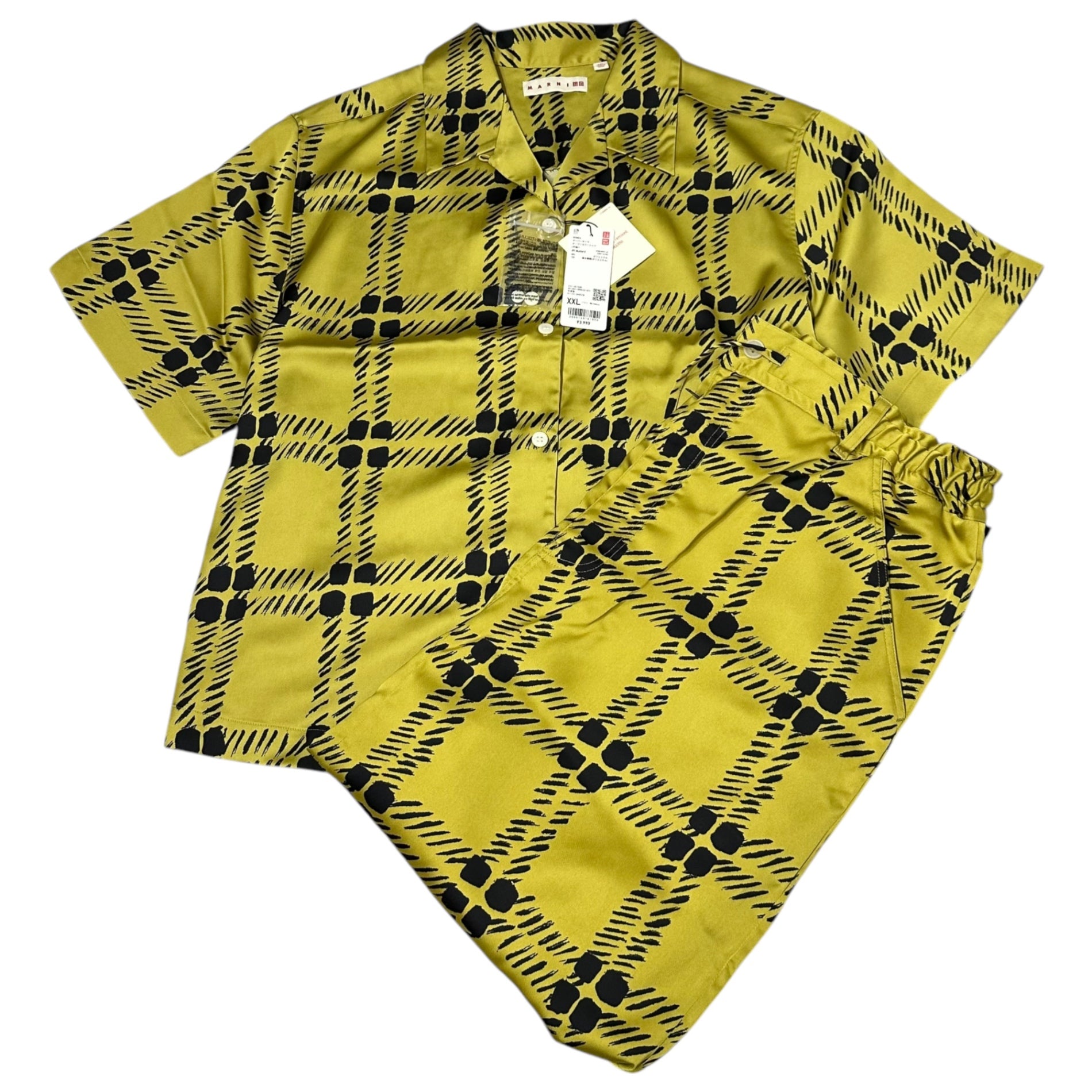 UNIQLO×MARNI(ユニクロ×マルニ) Draped Wide Straight Pants and Shirt Setup ドレープ ワイド ストレートパンツ & シャツ セットアップ XXL マスタード×ブラック メンズ着用可能 レディース合わせ