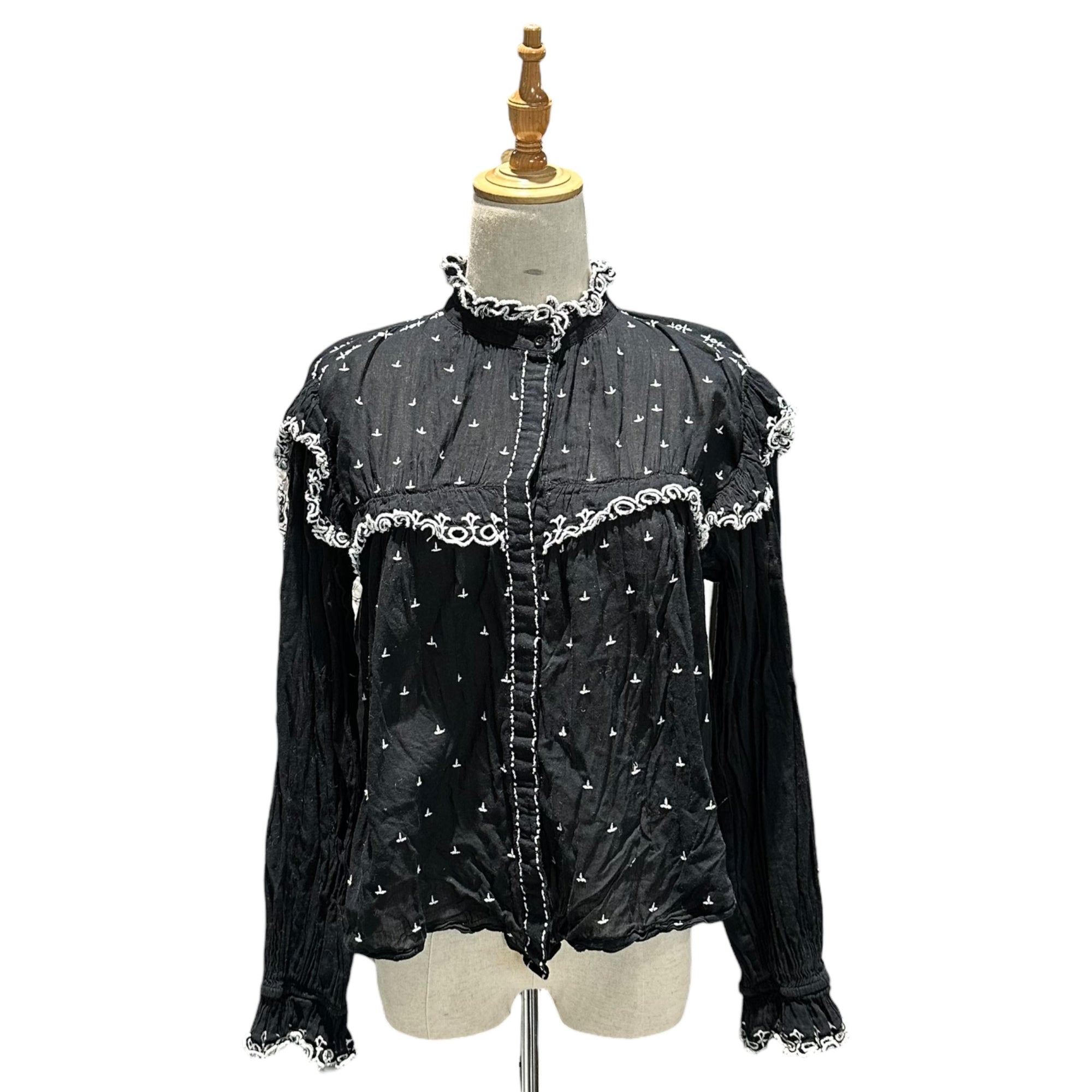 ISABEL MARANT(イザベルマラン) Ethnic Embroidered Stand Collar Cotton Dress エスニック 刺繍 スタンドカラー コットン ワンピース 36(S程度) ブラック サイドポケット