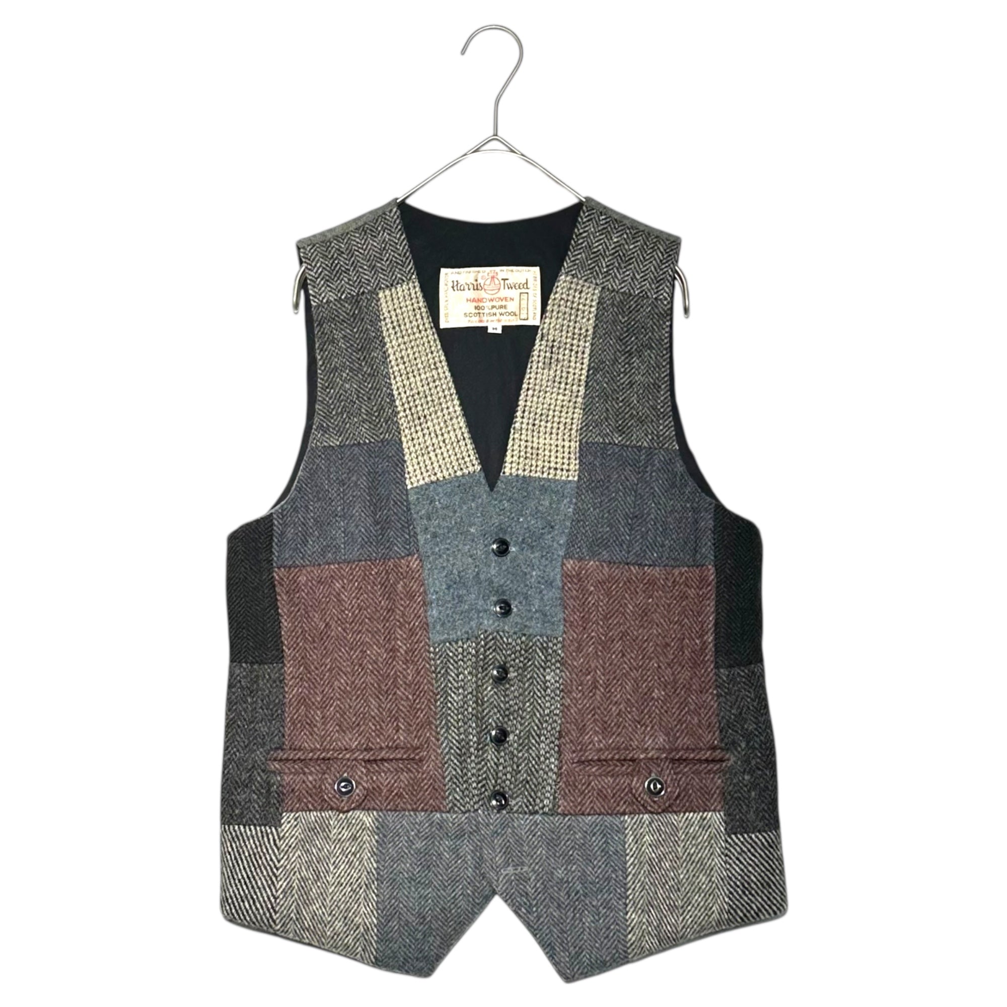Harris Tweed(ハリスツイード) 90's Patchwork Wool Tweed Gilet パッチワーク ウール ツイード ジレ M グレー×ボルドー 90年代 ベスト