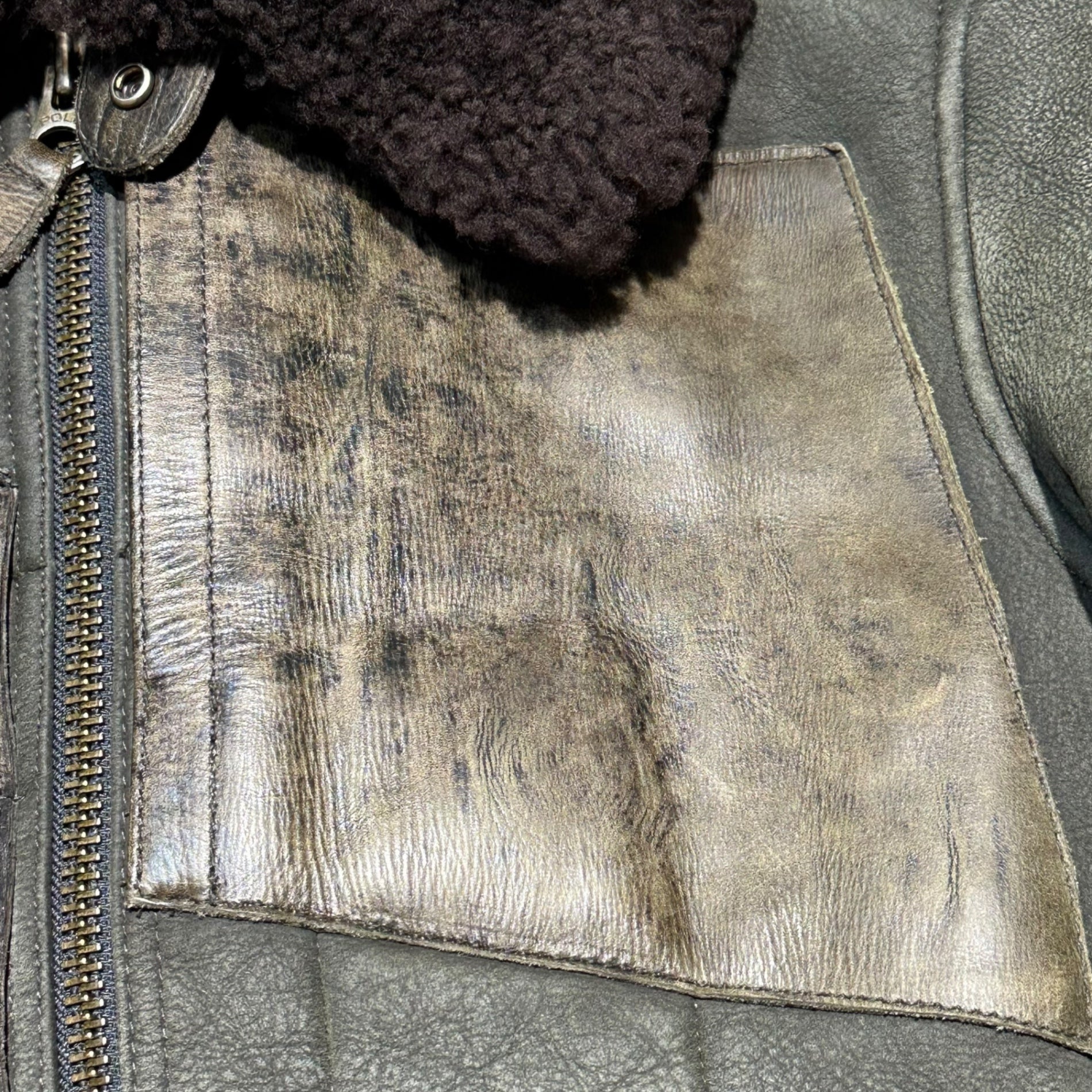 POLO RALPH LAUREN(ポロラルフローレン) 90's Vintage-processed genuine mouton flight jacket 90年代 ヴィンテージ加工 ムートン フライト ジャケット JR-RL-LW3810 L グレー×ブラウン インパクト21タグ