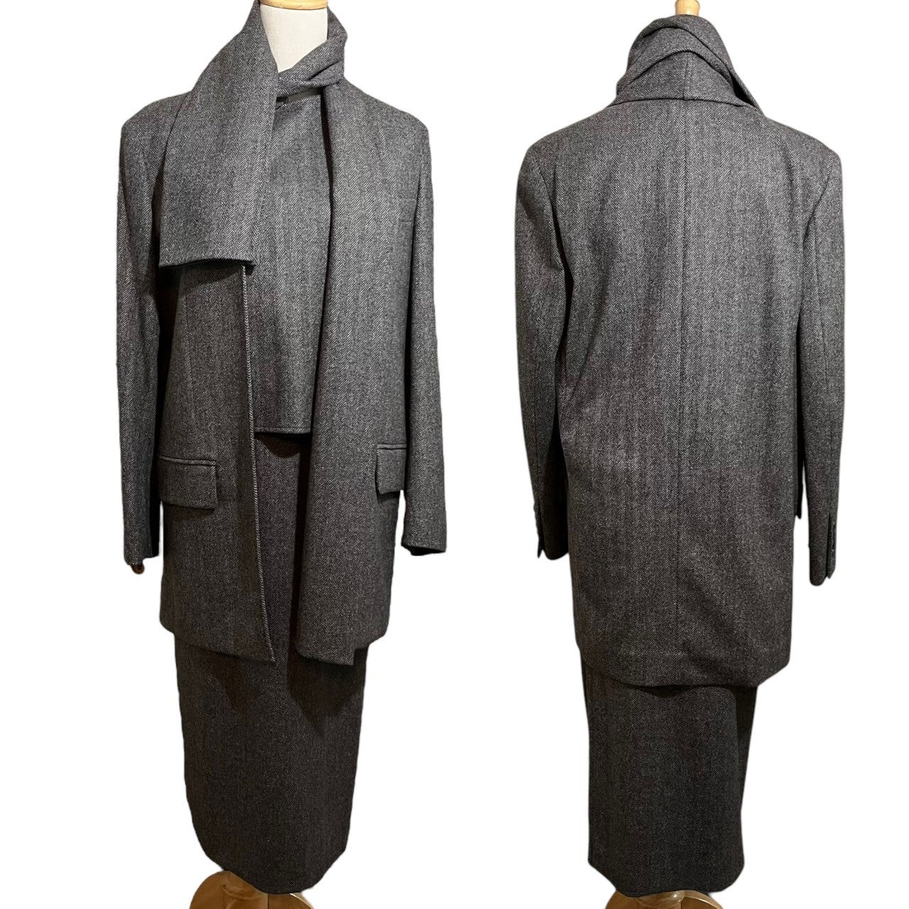 HERMES(エルメス) By margiela 3P Tweed stole jacket setup ツイード ストール ジャケット セットアップ マルジェラ期 36(M程度) ブラウン ノースリーブ ブラウス タイト ロング スカート テーラード ノーカラー ジャケット アーカイブ