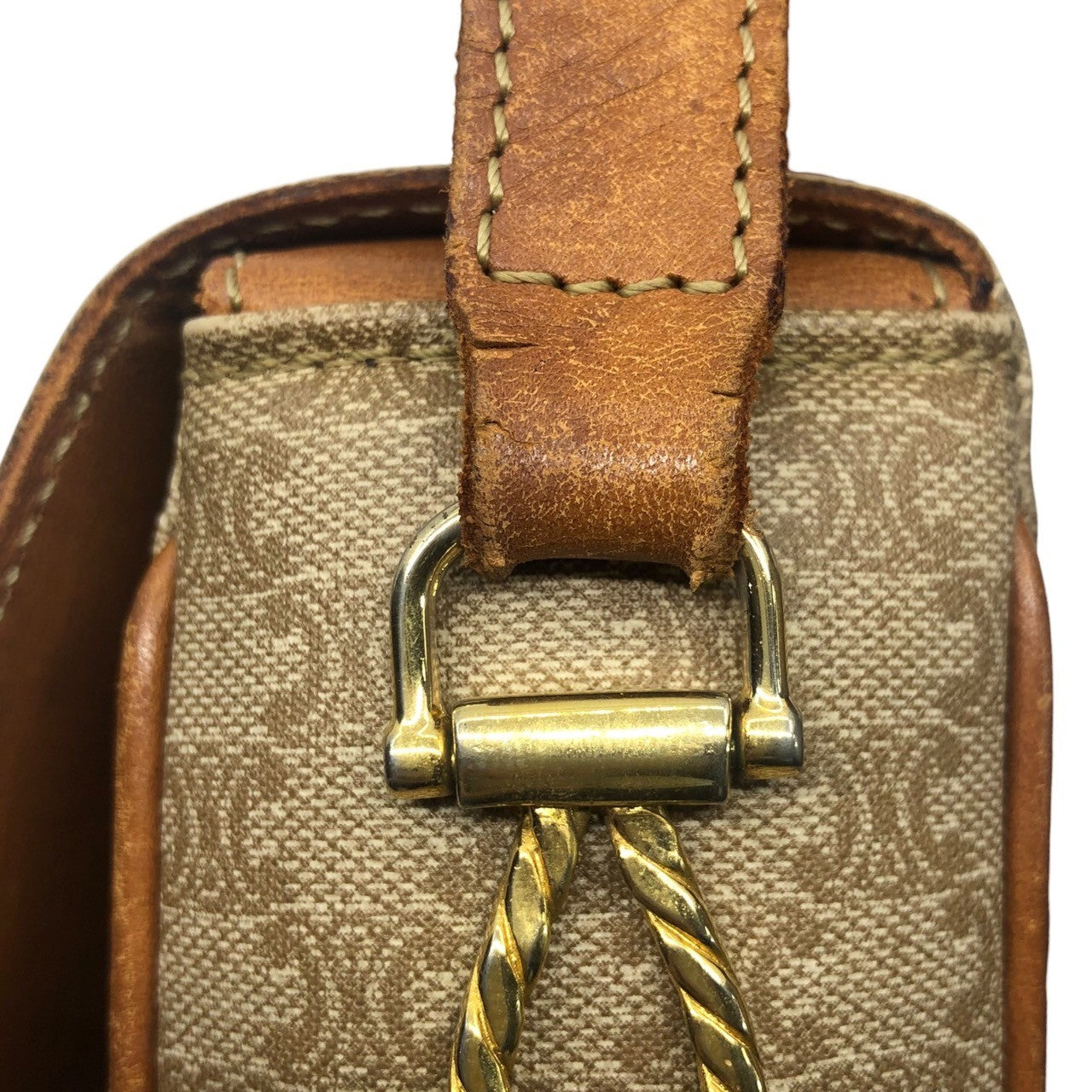 CELINE(セリーヌ) Vintage macadam gold hardware shoulder bag ヴィンテージ ゴールド 金具 マカダム ショルダー バッグ FD07 ベージュ×ブラウン 金 リボン