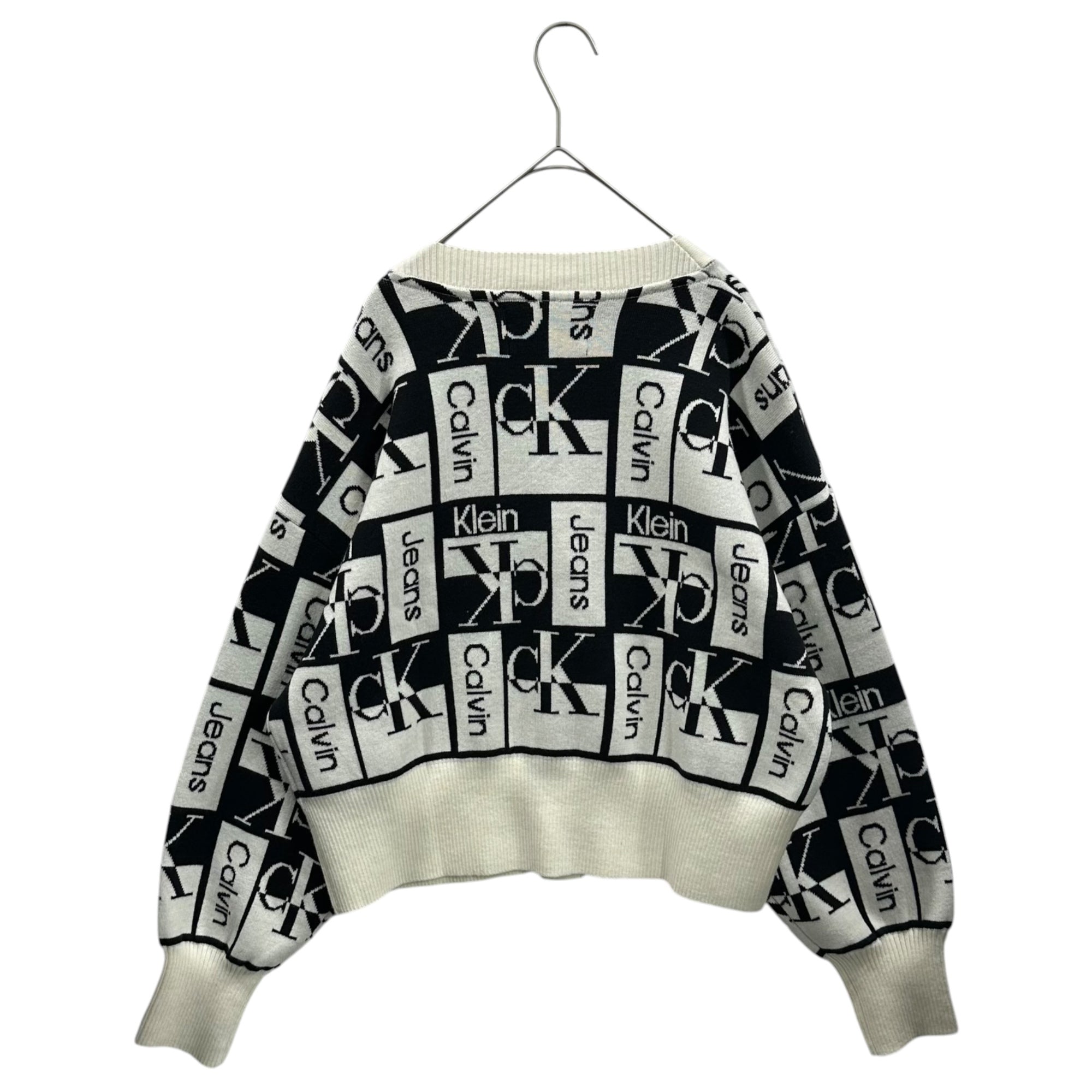 Calvin Klein Jeans(カルバンクラインジーンズ) V-Neck Cardigan ロゴ ジャガード カーディガン J222385 S ホワイト×ブラック