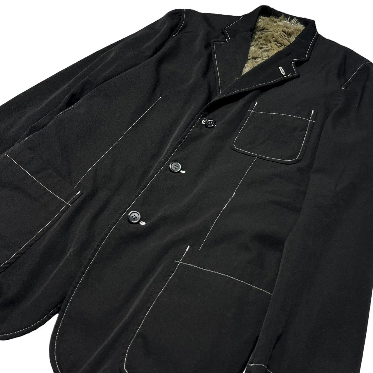 COMME des GARCONS HOMME HOMME(コムデギャルソンオムオム) 00AW inner fur 3 button jacket 内ファー 3ボタン ジャケット 田中オム M ブラック 00's ステッチ テーラード グリズリー
