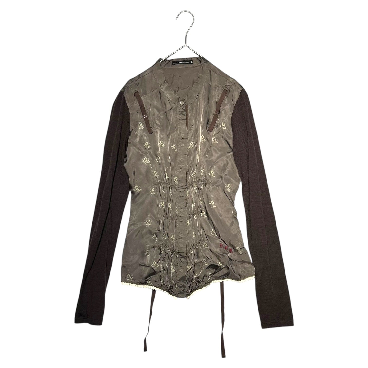 MARITHE FRANCOIS GIRBAUD(マリテフランソワジルボー) 00's Gathered Knit Sleeve Cupra Blouse ギャザー ニットスリーブ キュプラ シャツ ブラウス F7-5909 M ブラウン Y2K