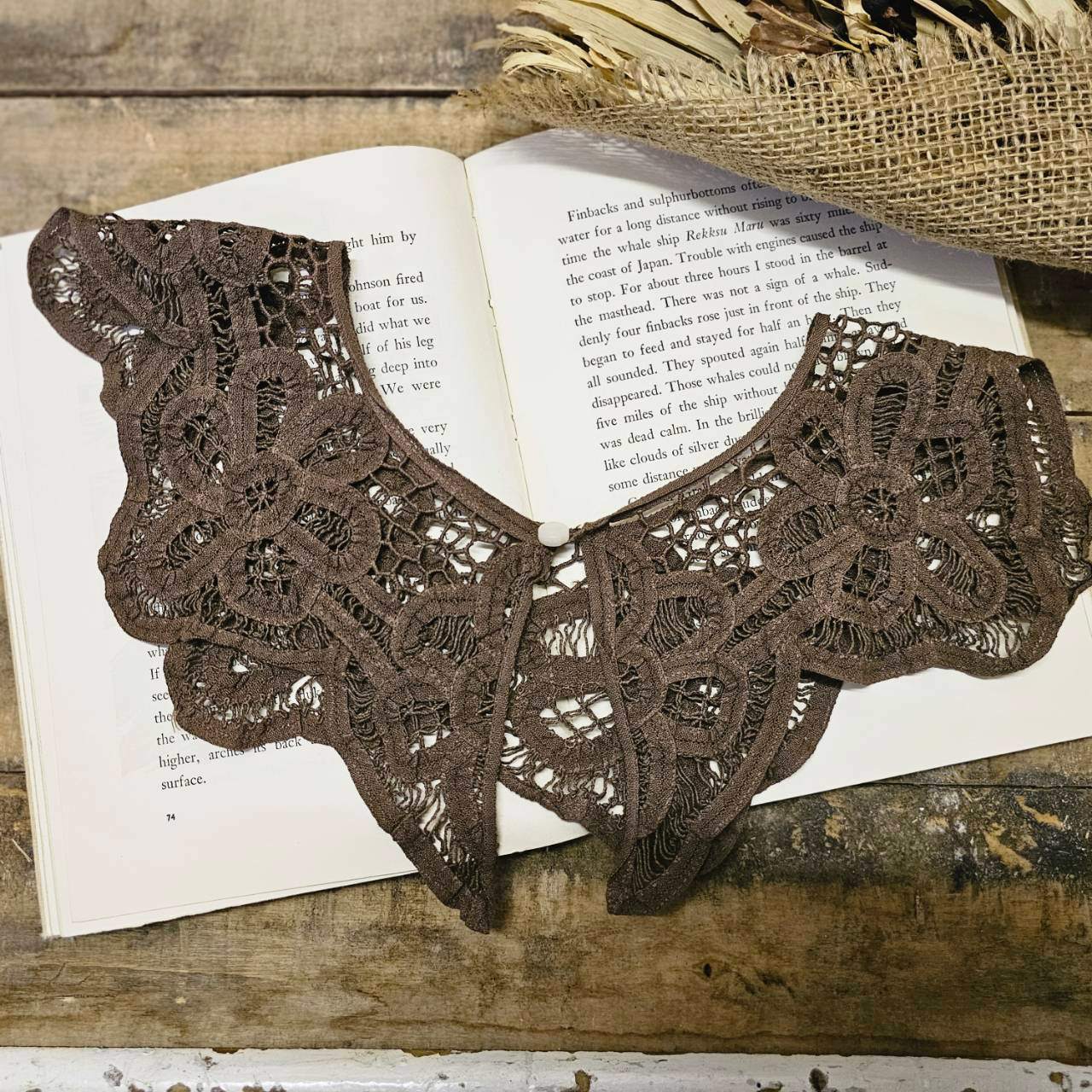Euro vintage(ヨーロッパヴィンテージ) flower batten lace collar 花模様のバテンレースたっぷりのつけ襟 - アンティークブラウン