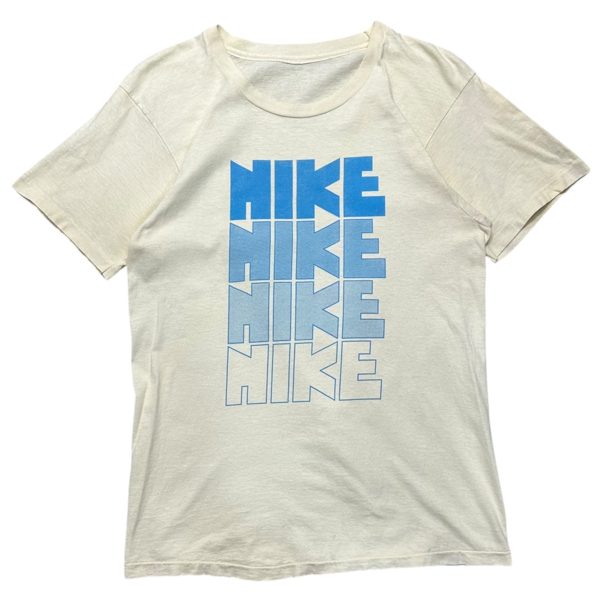 NIKE(ナイキ) 80's 4-tier logo print T-shirt ゴツ ナイキ 4段 プリント Tシャツ 表記無し(M程度) ベージュ×ブルー 80年代 オリジナル ヴィンテージ