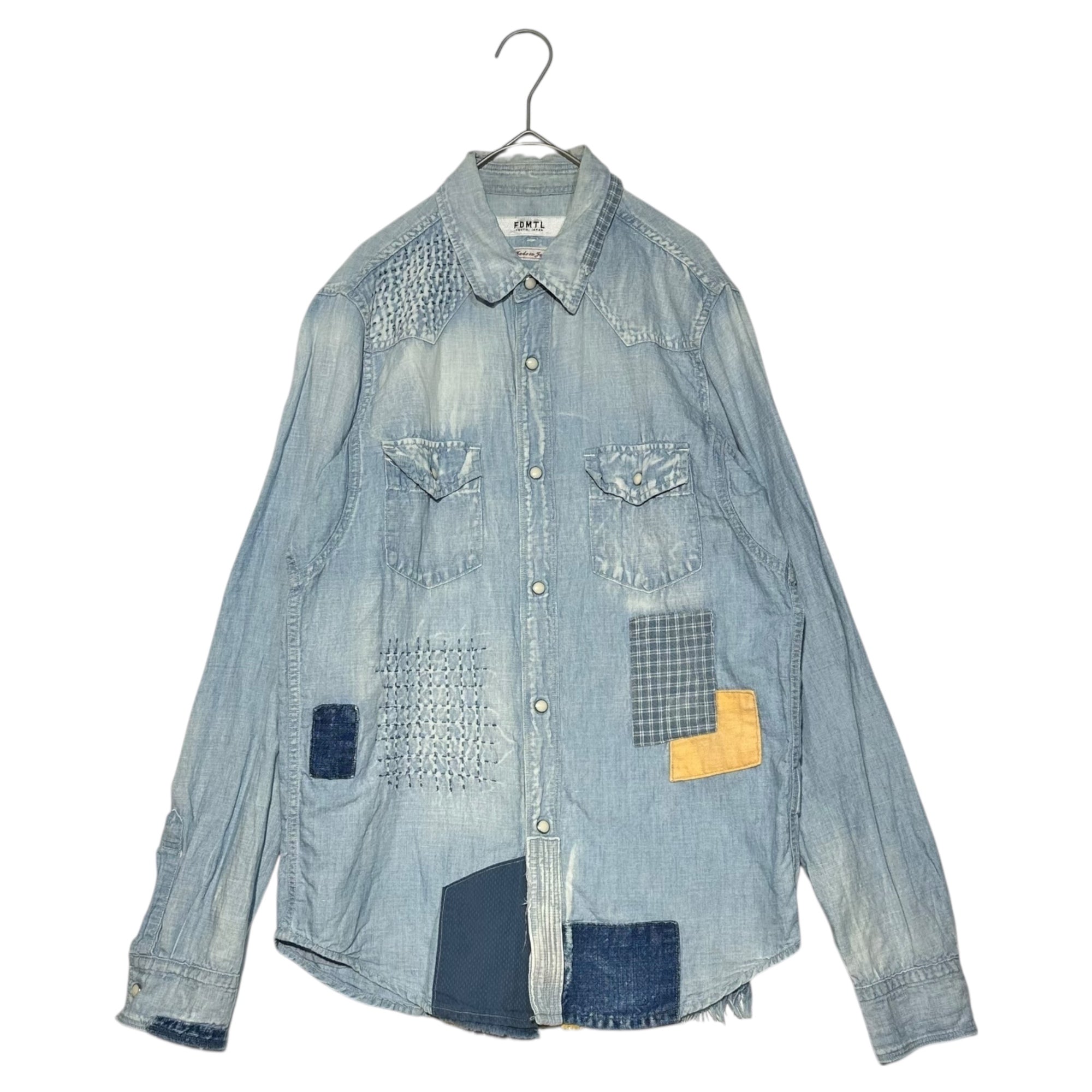 FDMTL(ファンダメンタル) Sashiko Patchwork L/S Western Denim Shirt 刺し子 パッチワーク 長袖 ウエスタン デニム シャツ S ライトインディゴ 日本製