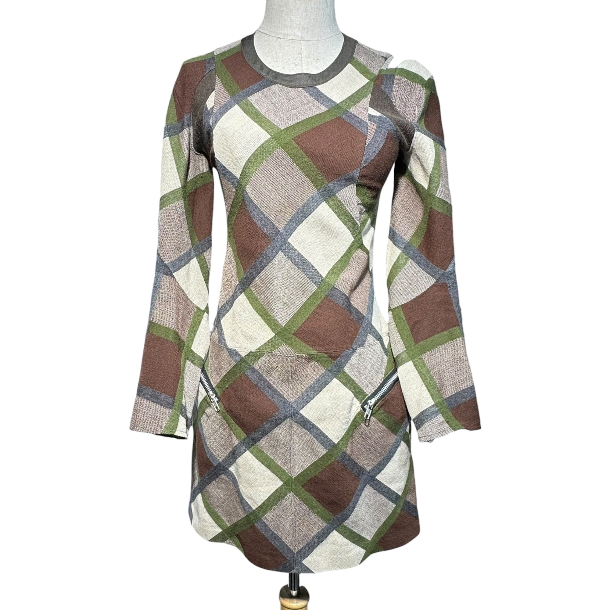 COMME des GARCONS JUNYA WATANABE(コムデギャルソンジュンヤワタナベ) 13AW Diagonal Check Round Neck L/S Wool Dress 斜めチェック ラウンドネック 長袖 ウール ワンピース JL-O022 S カーキ×ブラウン AD2013