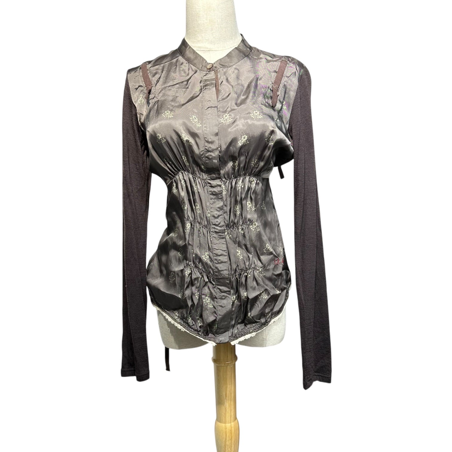 MARITHE FRANCOIS GIRBAUD(マリテフランソワジルボー) 00's Gathered Knit Sleeve Cupra Blouse ギャザー ニットスリーブ キュプラ シャツ ブラウス F7-5909 M ブラウン Y2K