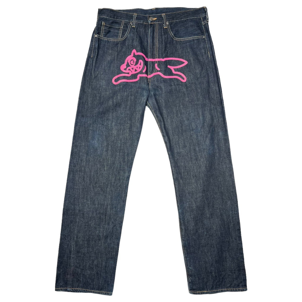 BILLIONAIRE BOYS CLUB(ビリオネアボーイズクラブ) Running dog print denim pants ランニングドッグ  プリント デニムパンツ 稀少 L インディゴ×ピンク パッチ外れ