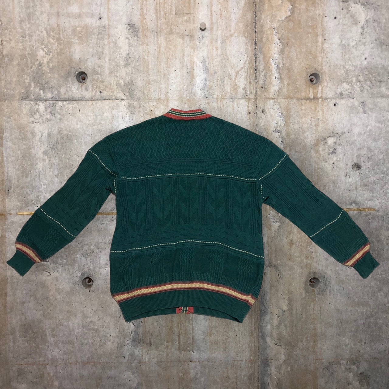 EXAMPLE BY MISSIONI(イグザンプルバイミッソーニ) 80's コットン アクリル 3D ニット カーディガン 綿 カーディガン 80年代 ヴィンテージ SIZE 50(XL程度) グリーン×ピンク