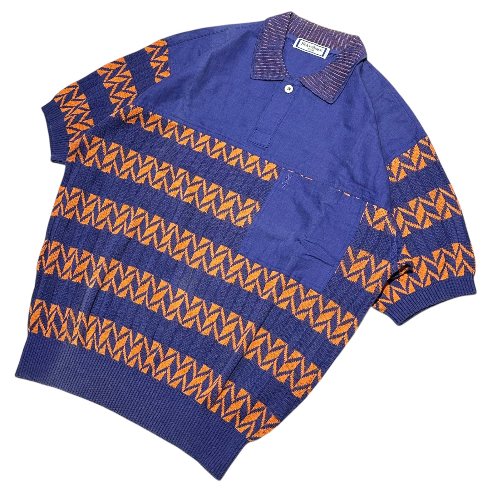 YVES SAINT LAURENT(イヴサンローラン) Knit-Panel Polo Shirt ニット 切替 ポロシャツ M パープル×オレンジ