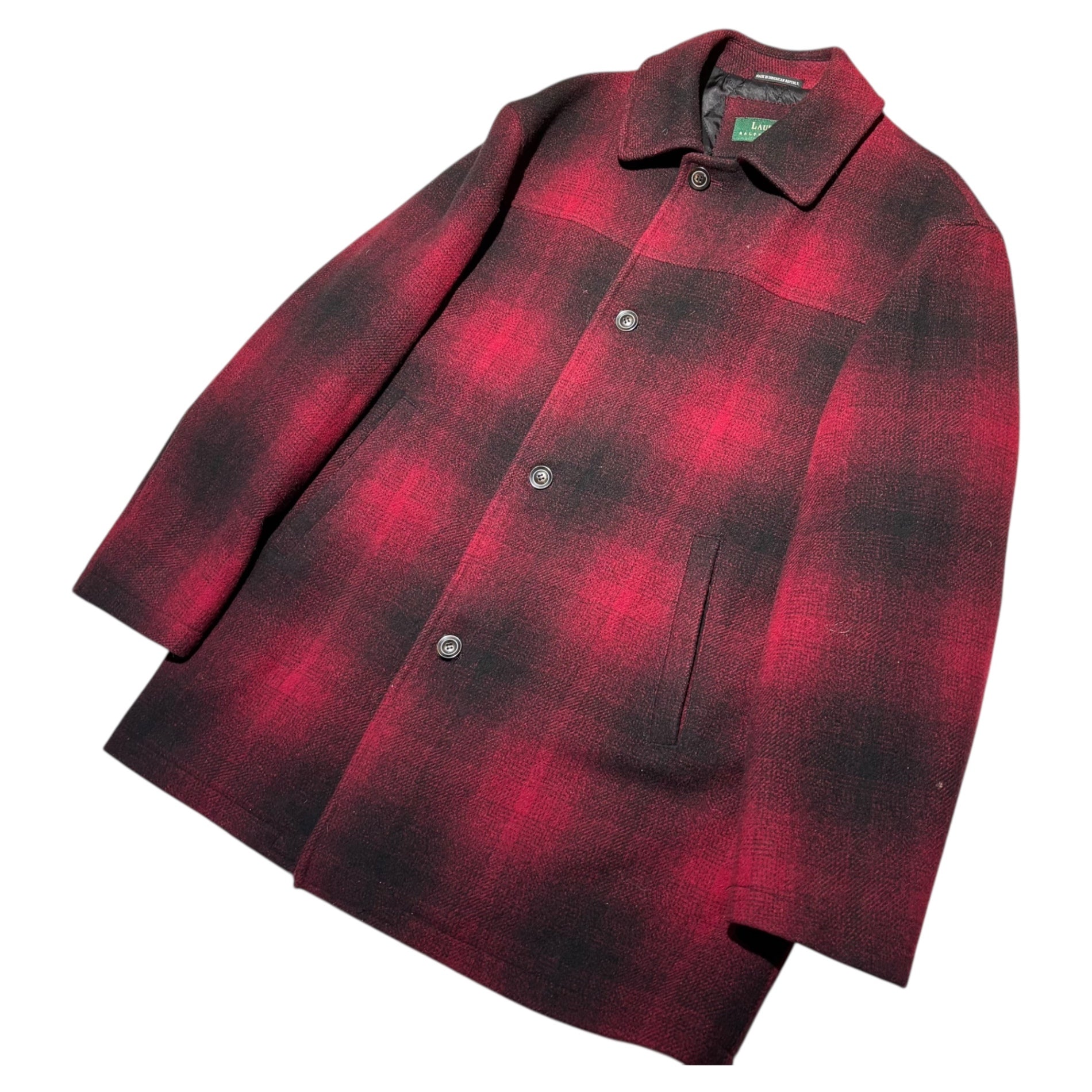 LAUREN RALPH LAUREN(ローレンラルフローレン) 80's Ombre Check Wool Melton Coat オンブレ チェック ウール メルトン コート M(XXL相当) レッド×ブラック 80年代 緑タグ ヴィンテージ ジャケット