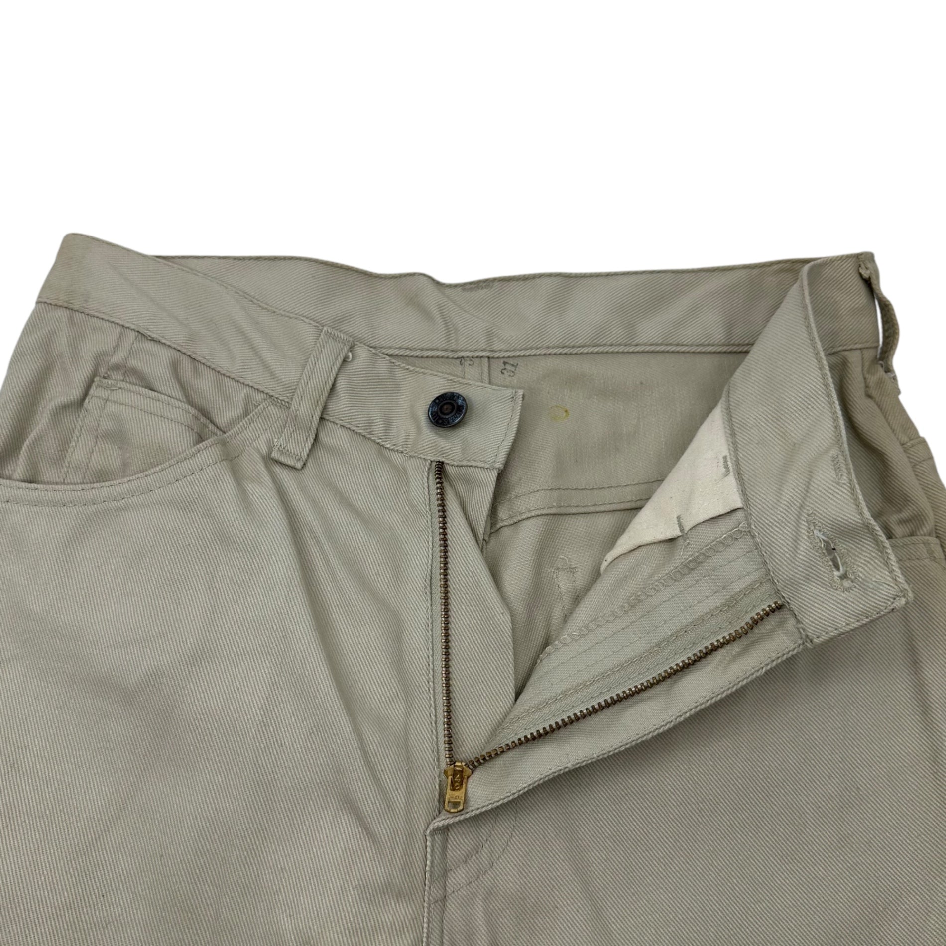 Levi's(リーバイス) 60's~70's 518 BIG E Vintage Cotton Pants ヴィンテージ カツラギ パンツ 実寸72cm(W28程度) ベージュ 裏ボタン10 42TALON 白タブ 70年代