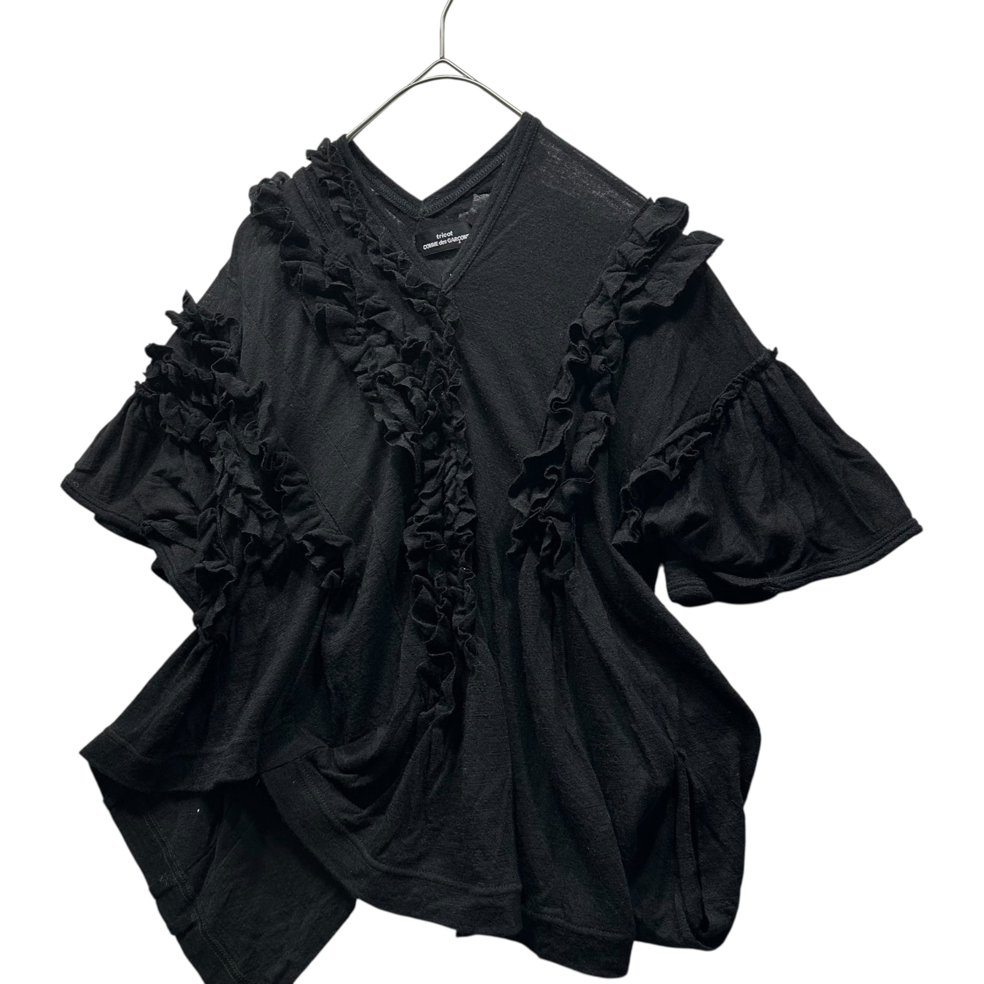 tricot COMME des GARCONS(トリココムデギャルソン) 07AW Diagonal-Cut Frill-Trimmed S/S Wool Knit Top 斜め フリル 装飾 半袖 ウール カットソー TT-T035 FREE ブラック AD2007
