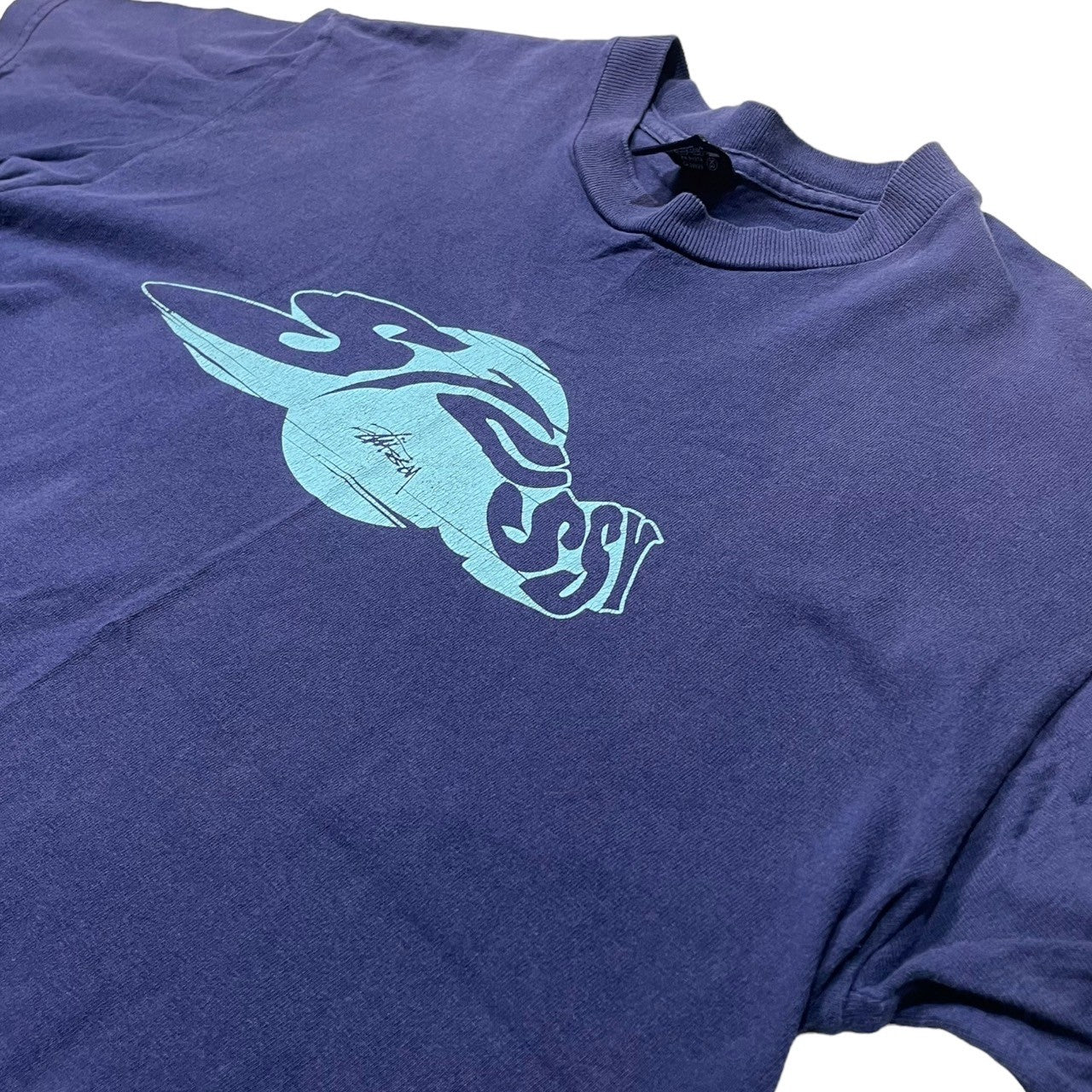 STUSSY(ステューシー) 90's~00's distortion logo 歪みロゴ Tシャツ SIZE M ネイビー×ライトブルー 90~00年代 OLD STUSSY