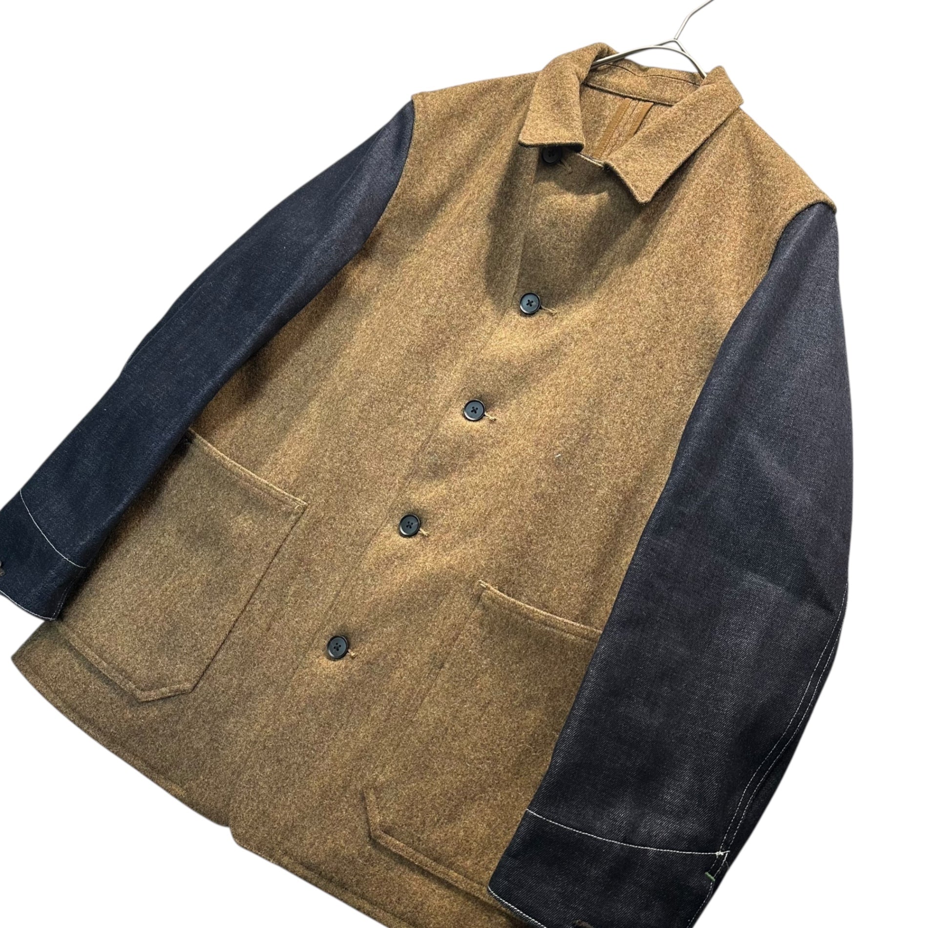 FRANKLIN TAILORED(フランクリンテーラード) Military-Inspired Sampling Sleeve Denim Panel Melton Coverall Jacket ミリタリー サンプリング 袖 デニム 切替 メルトン カバーオール ジャケット 89ACA1 4(L~XL程度) ブラウン×インディゴ