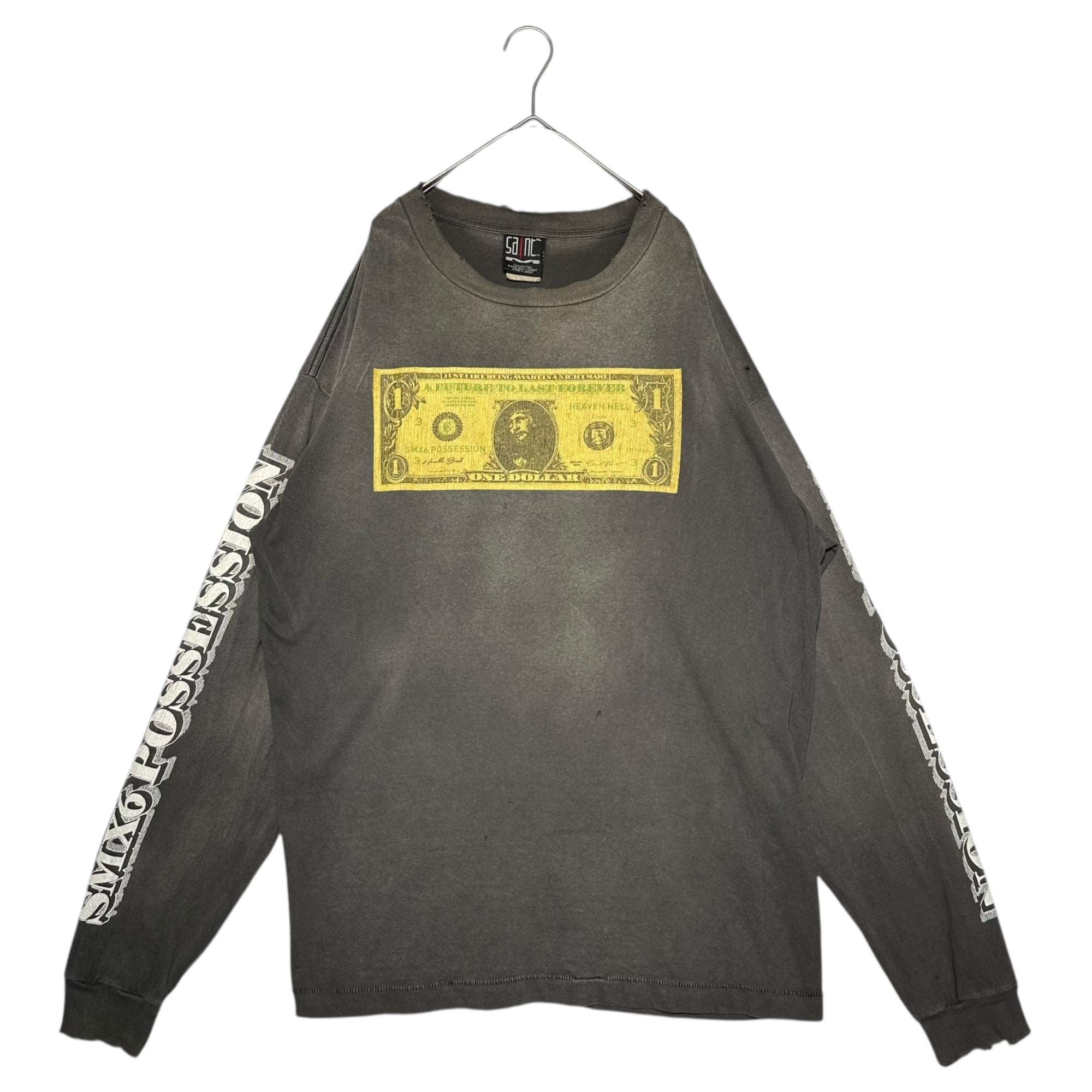 SAINT MICHAEL(セントマイケル) 22AW ×河村康輔 KMR LS TEE - $ BLACK ヴィンテージ 加工 ドル プリント 長袖 Tシャツ SM-A22-0000-083 XL ブラック ロンT カットソー