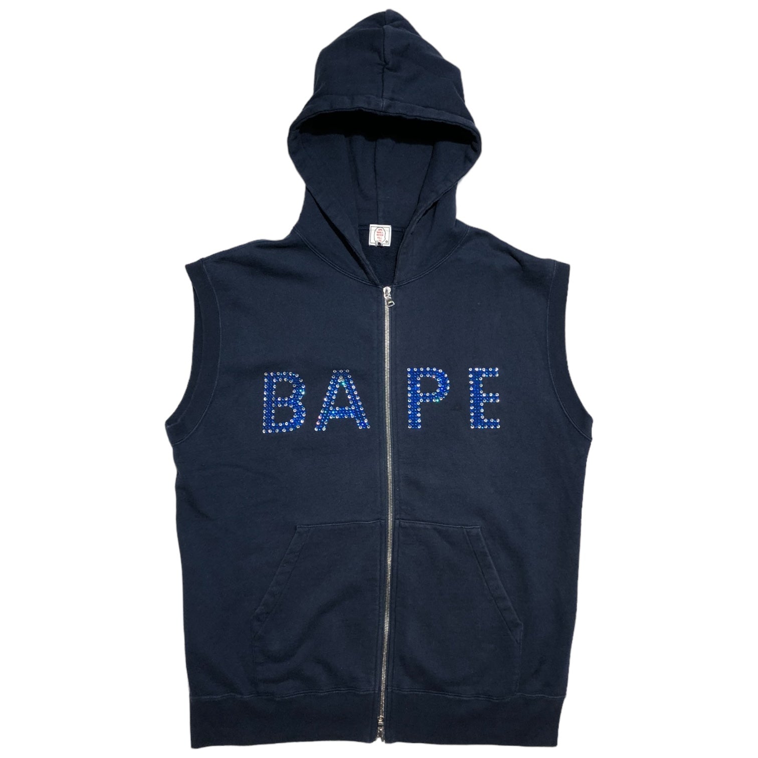 A BATHING APE(アベイシングエイプ) 00's zip hoodie vest SWAROVSKI ジップ フーディー ベスト スワロフスキー ノースリーブパーカー L ネイビー