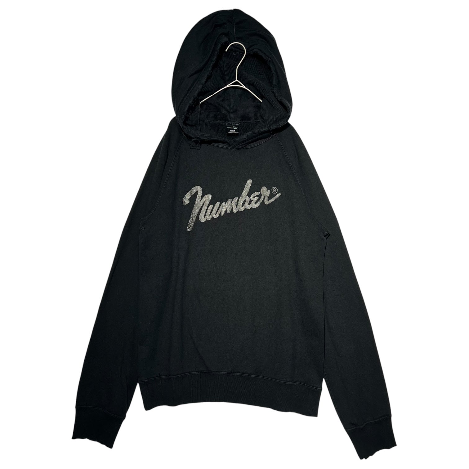 NUMBER (N)INE(ナンバーナイン) 05AW THE HIGH STREETS Fender Logo Raglan Damaged hooded sweatshirt 【ハイスト期】 フェンダー ロゴ ラグラン ダメージ パーカー スウェット 3(M) ブラック ザハイストリーツ 宮下氏 本人期