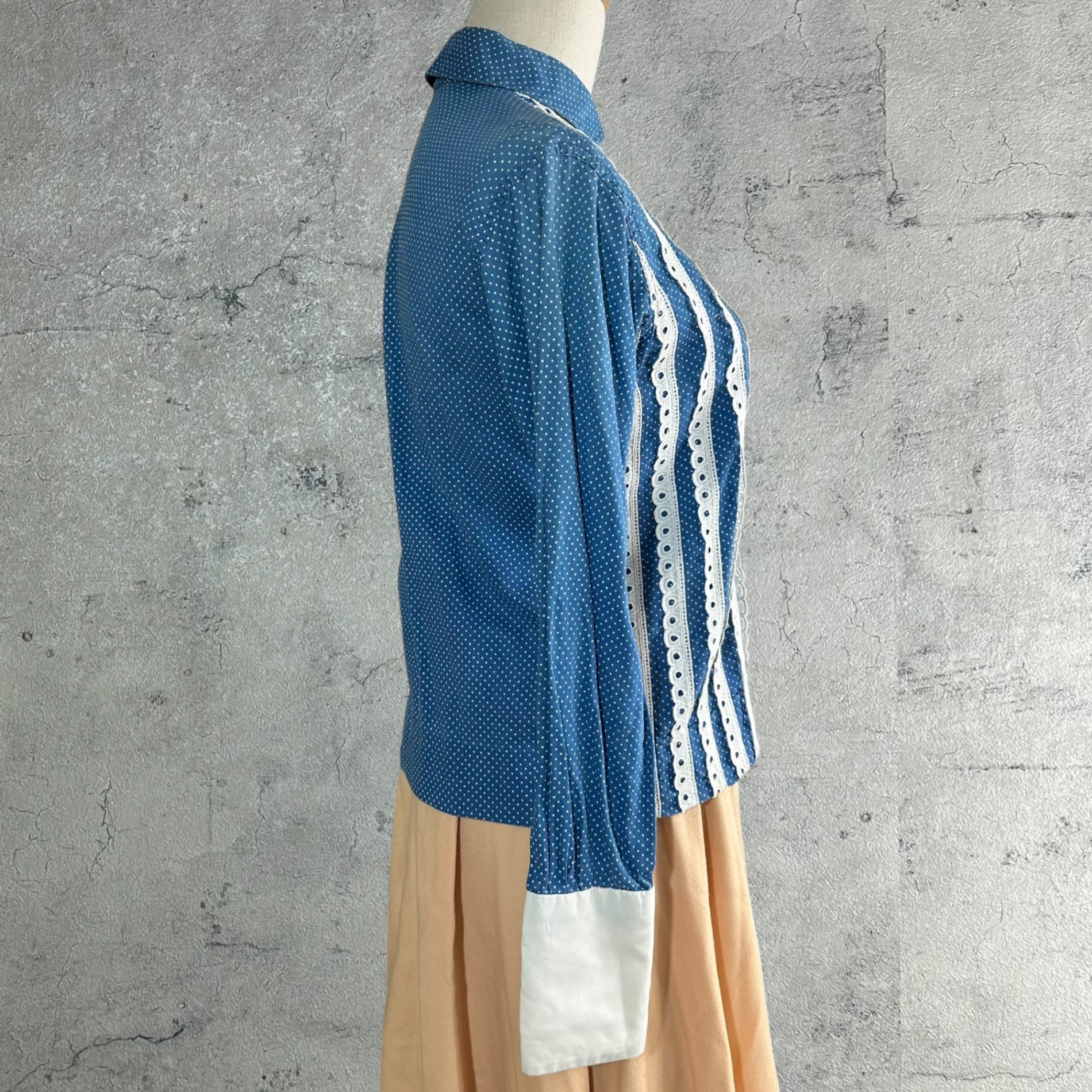 VINTAGE(ヴィンテージ) 60's glen of michigan Dot Pattern Lace Round Collar Blouse ドット柄 レース 丸襟 ブラウス 表記無(S~M程度) ブルー×ホワイト 推定60年代