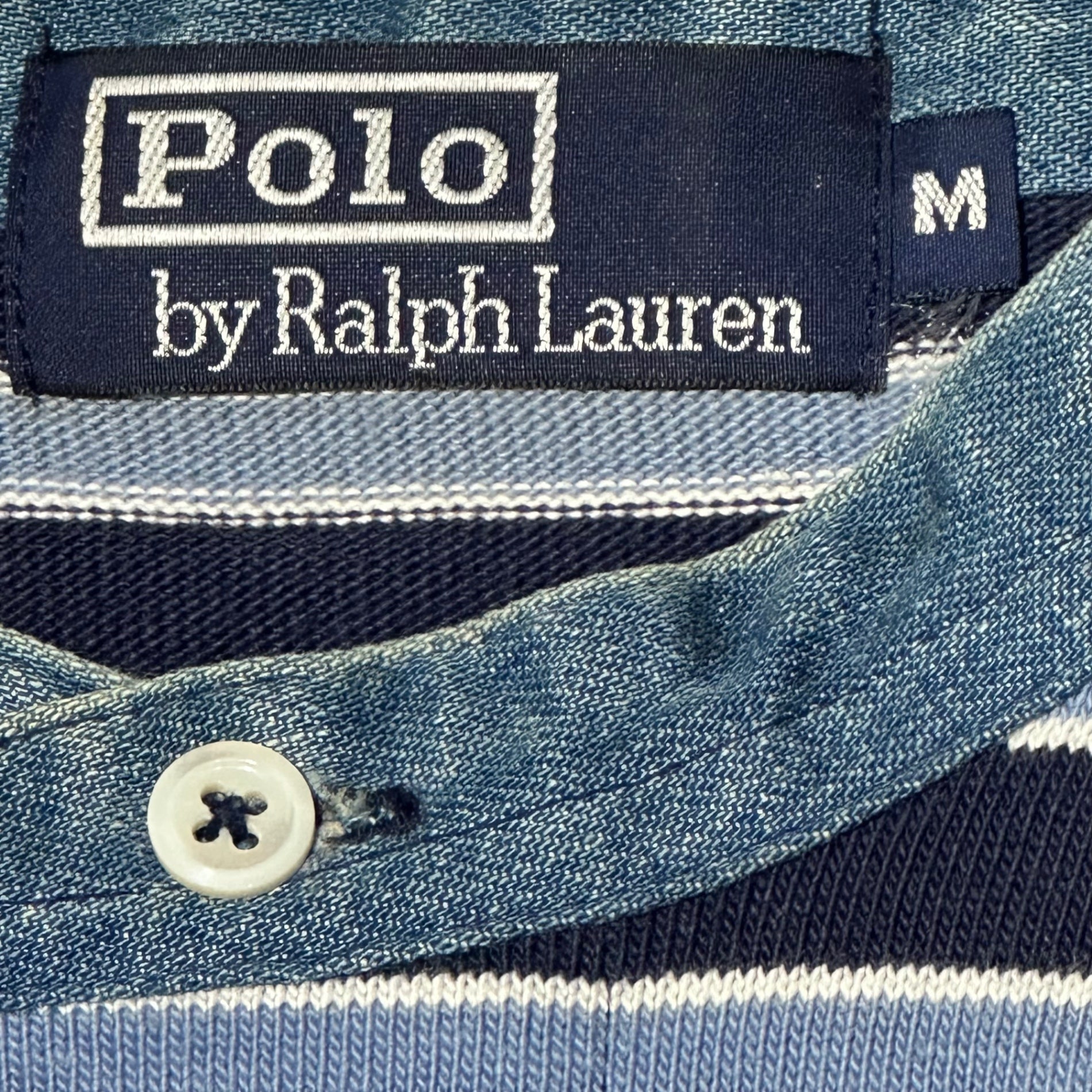 POLO RALPH LAUREN(ポロラルフローレン) 80~90's Denim neck striped henley shirt デニムネック ボーダー ヘンリーネック シャツ M ブルー×ネイビー ナイガイ社製